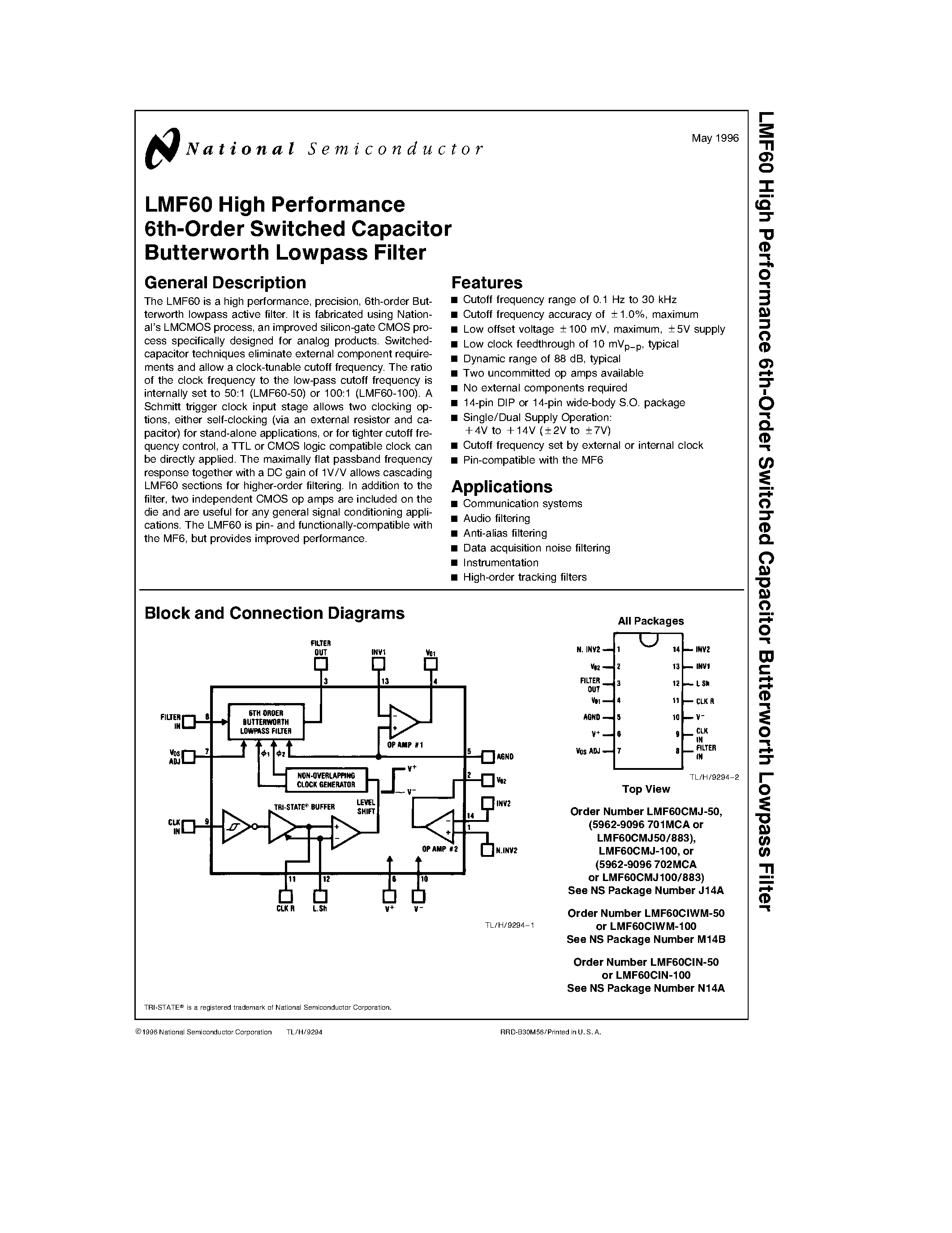 Datasheet LMF60 - LMF60 High Performance 6th-Order Switched Capacitor Butterworth Lowpass Filter page 1