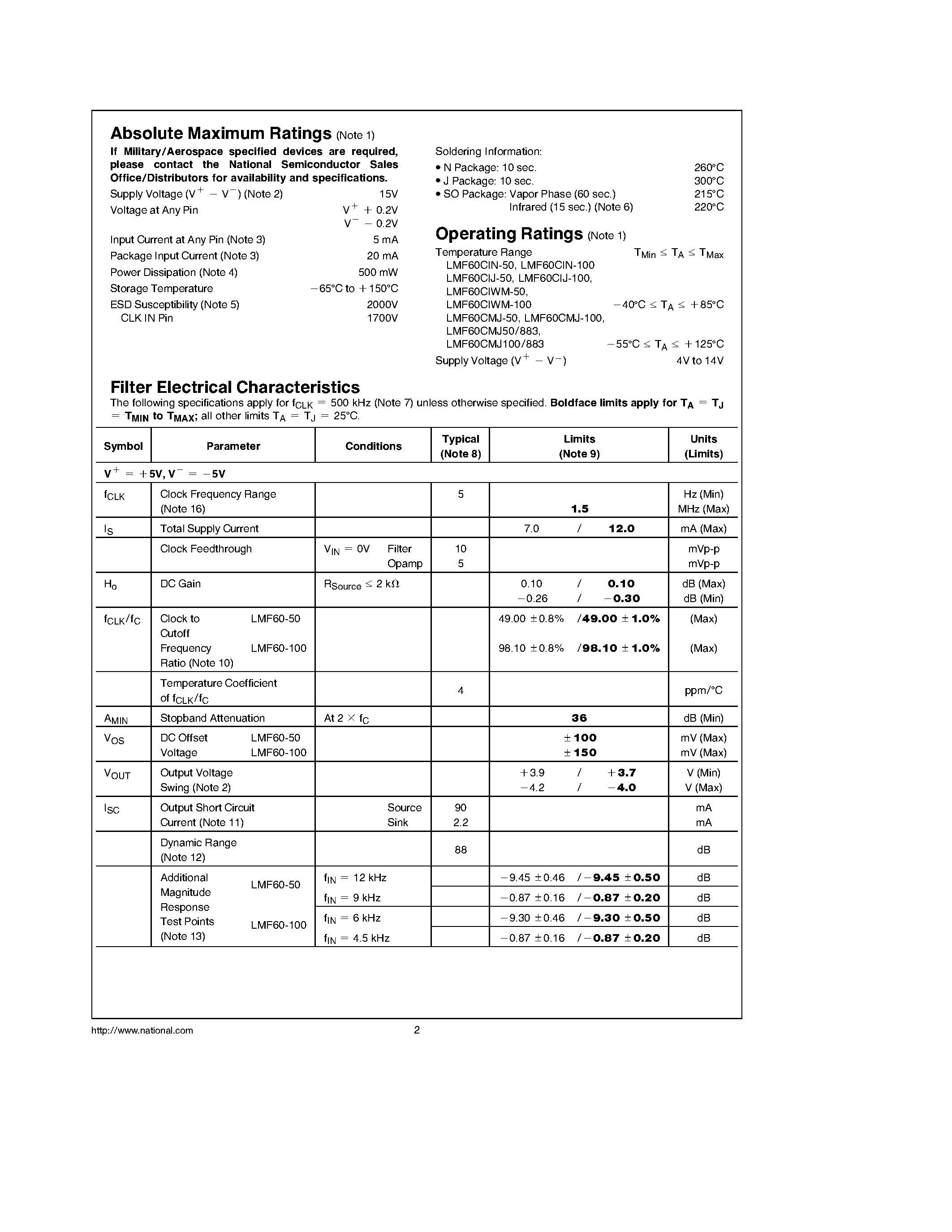 Datasheet LMF60 - LMF60 High Performance 6th-Order Switched Capacitor Butterworth Lowpass Filter page 2