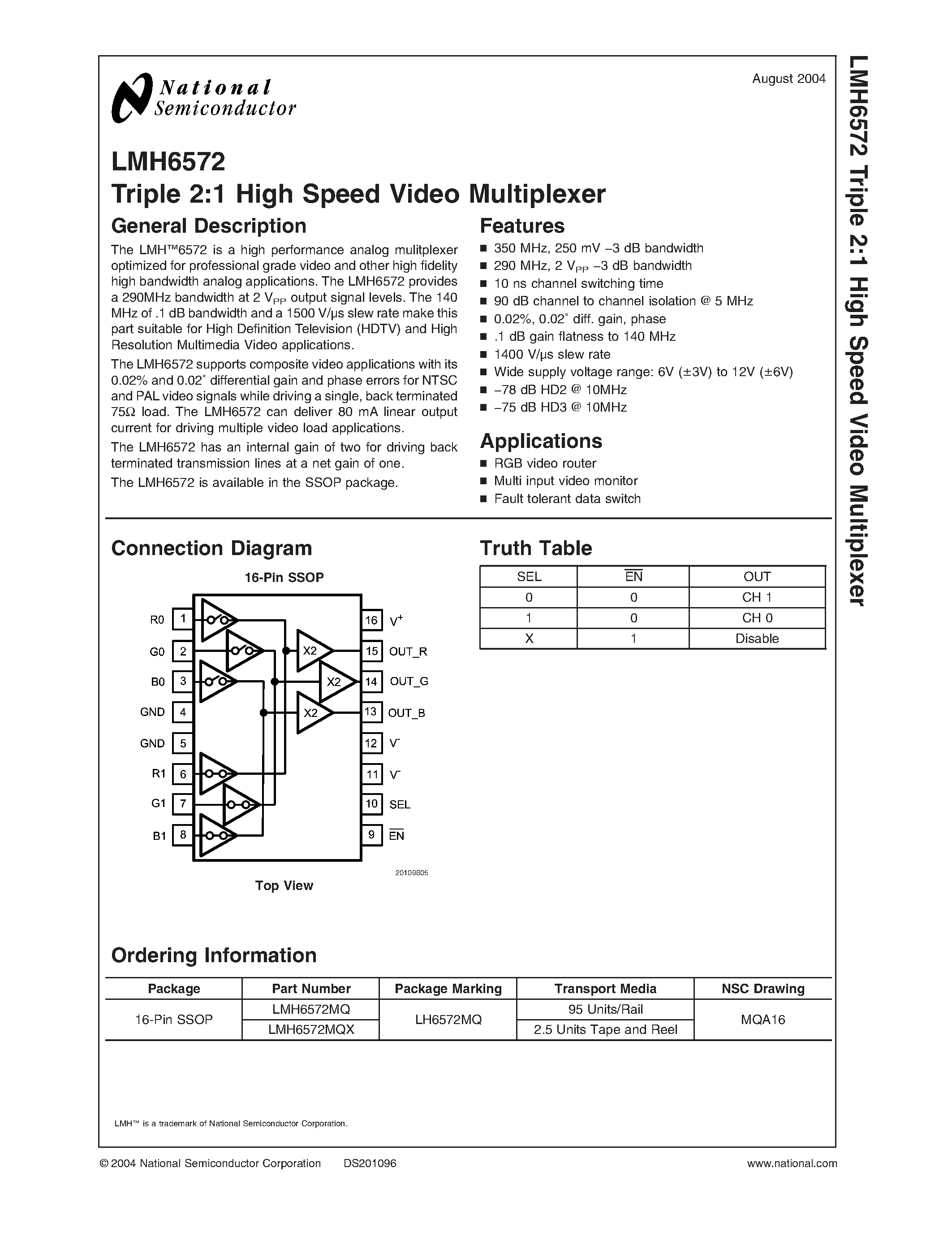 Datasheet LMH6572 - Triple 2:1 High Speed Video Multiplexer page 1