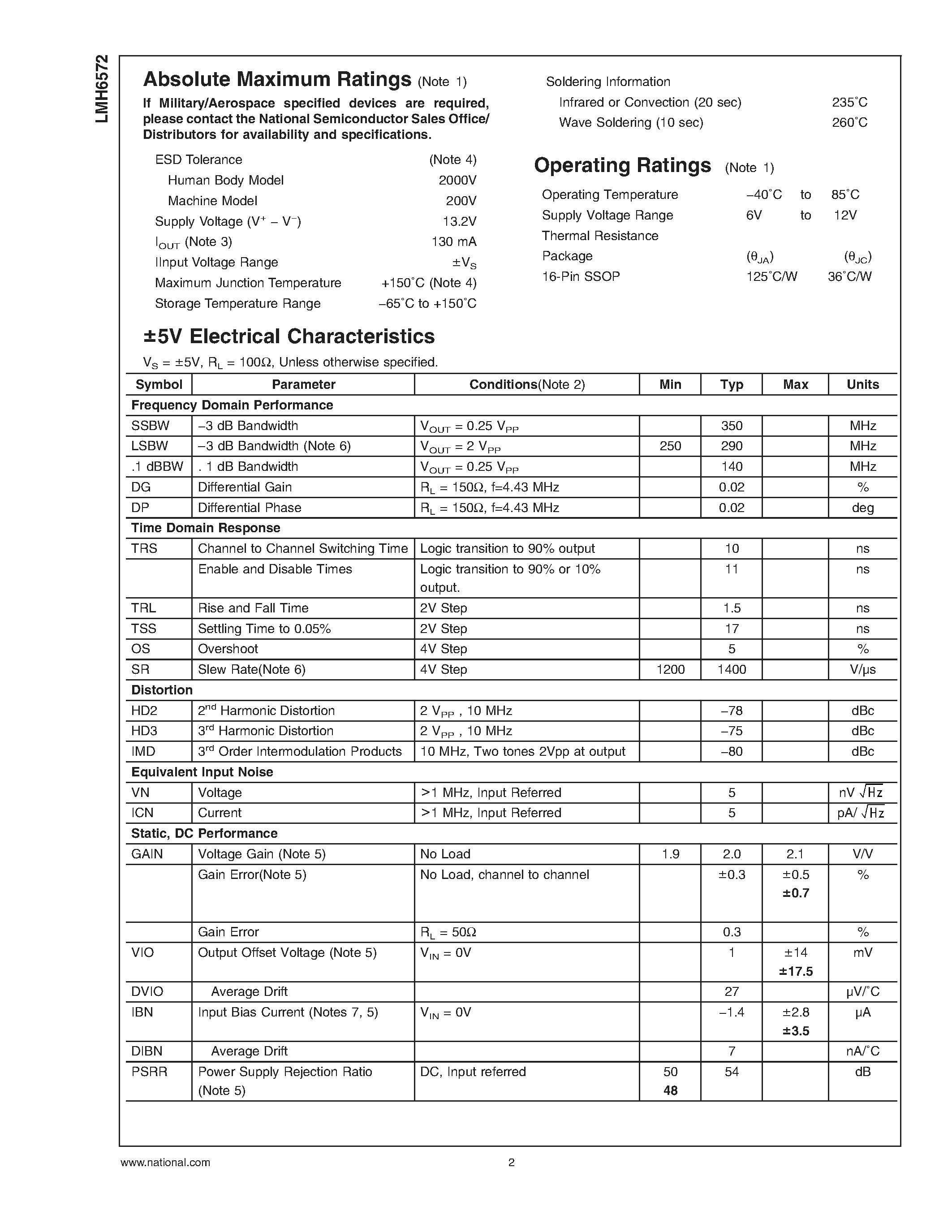 Datasheet LMH6572 - Triple 2:1 High Speed Video Multiplexer page 2
