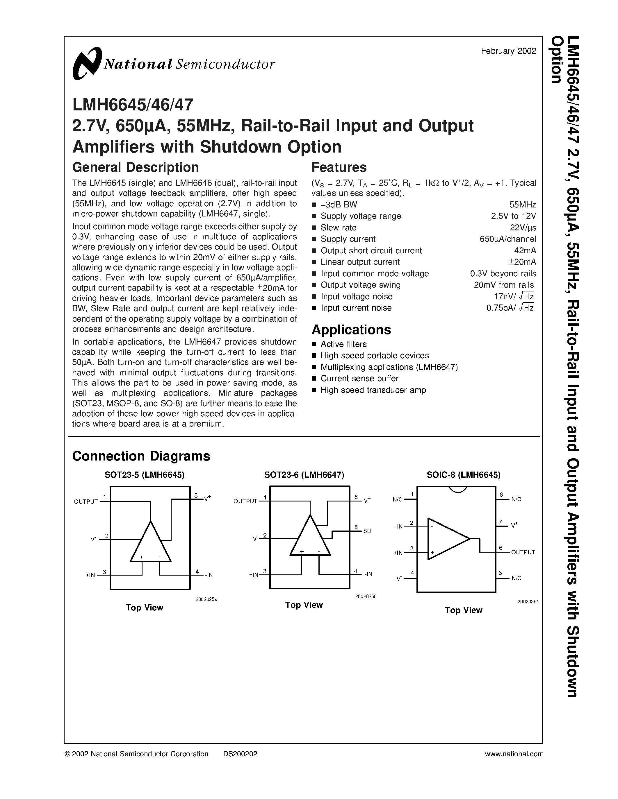 Datasheet LMH6646MAX - 2.7V / 650A / 55MHz / Rail-to-Rail Input and Output Amplifiers with Shutdown Option page 1