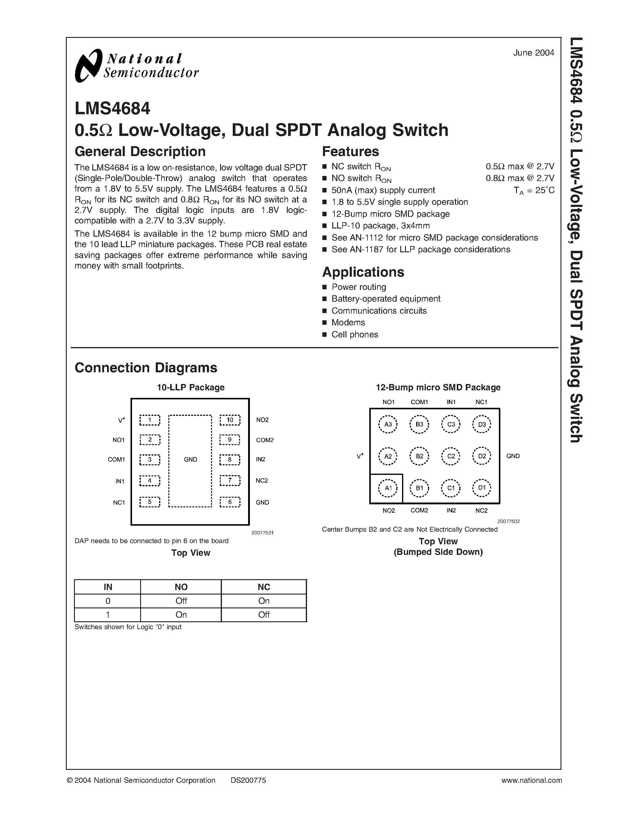 Datasheet LMS4684 - 0.5 Low-Voltage / Dual SPDT Analog Switch page 1