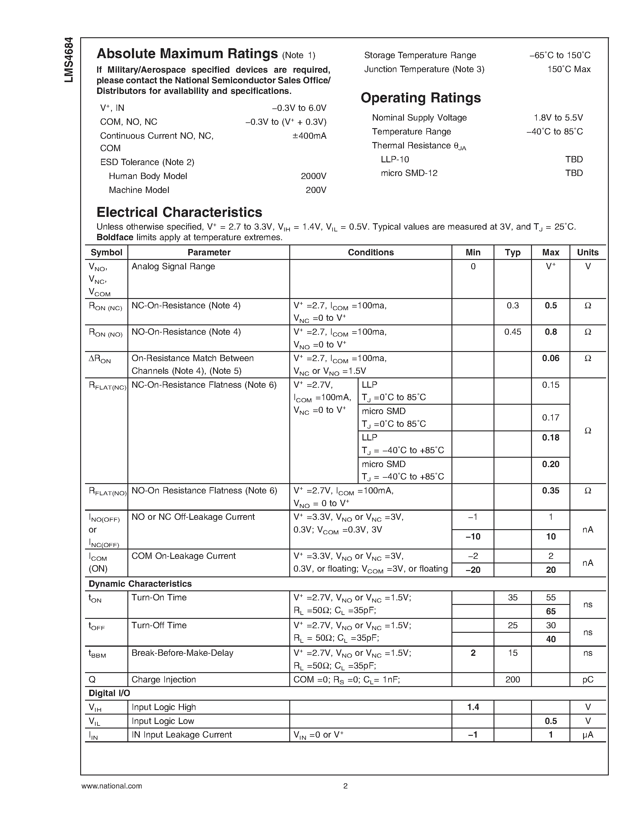 Datasheet LMS4684 - 0.5 Low-Voltage / Dual SPDT Analog Switch page 2