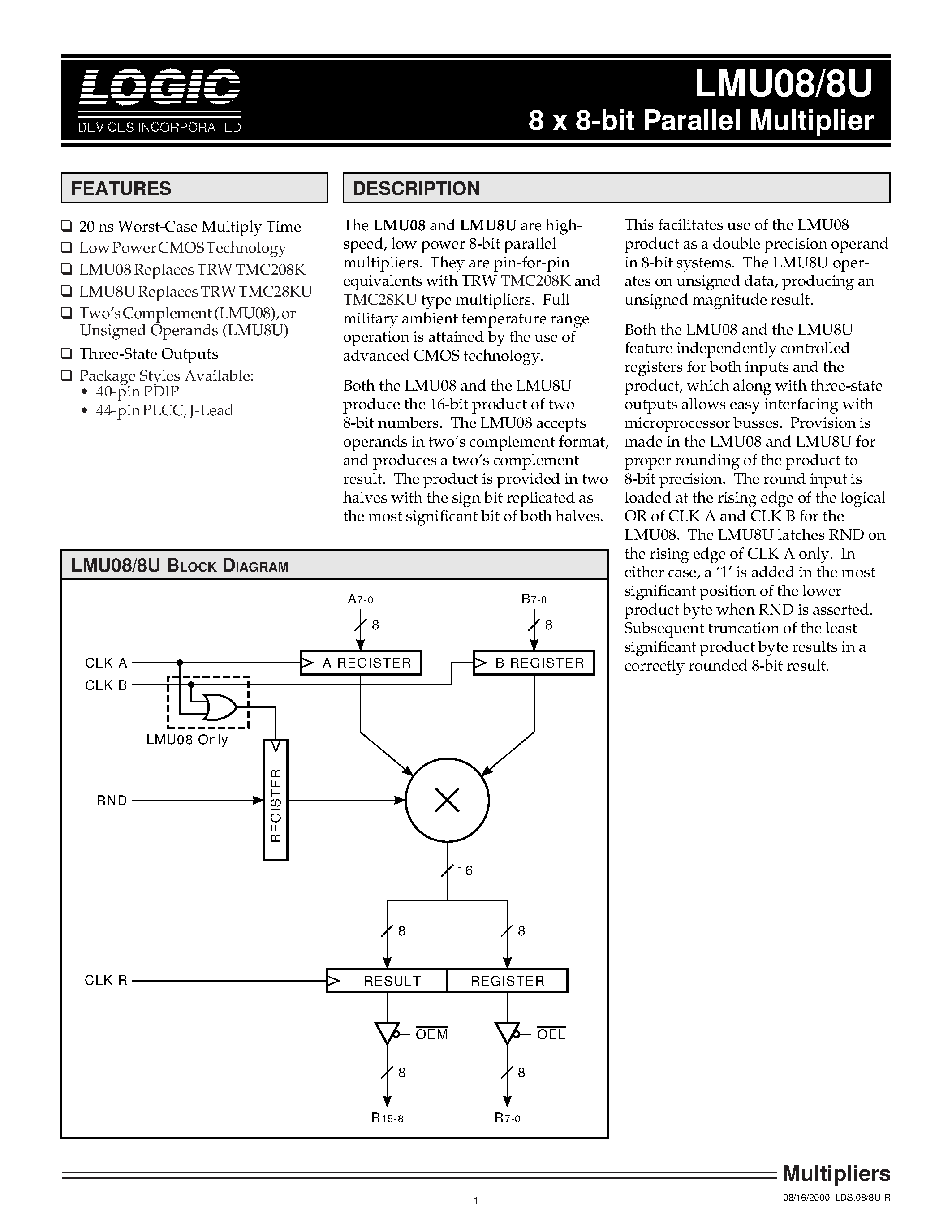 Datasheet LMU08 - 8 x 8-bit Parallel Multiplier page 1