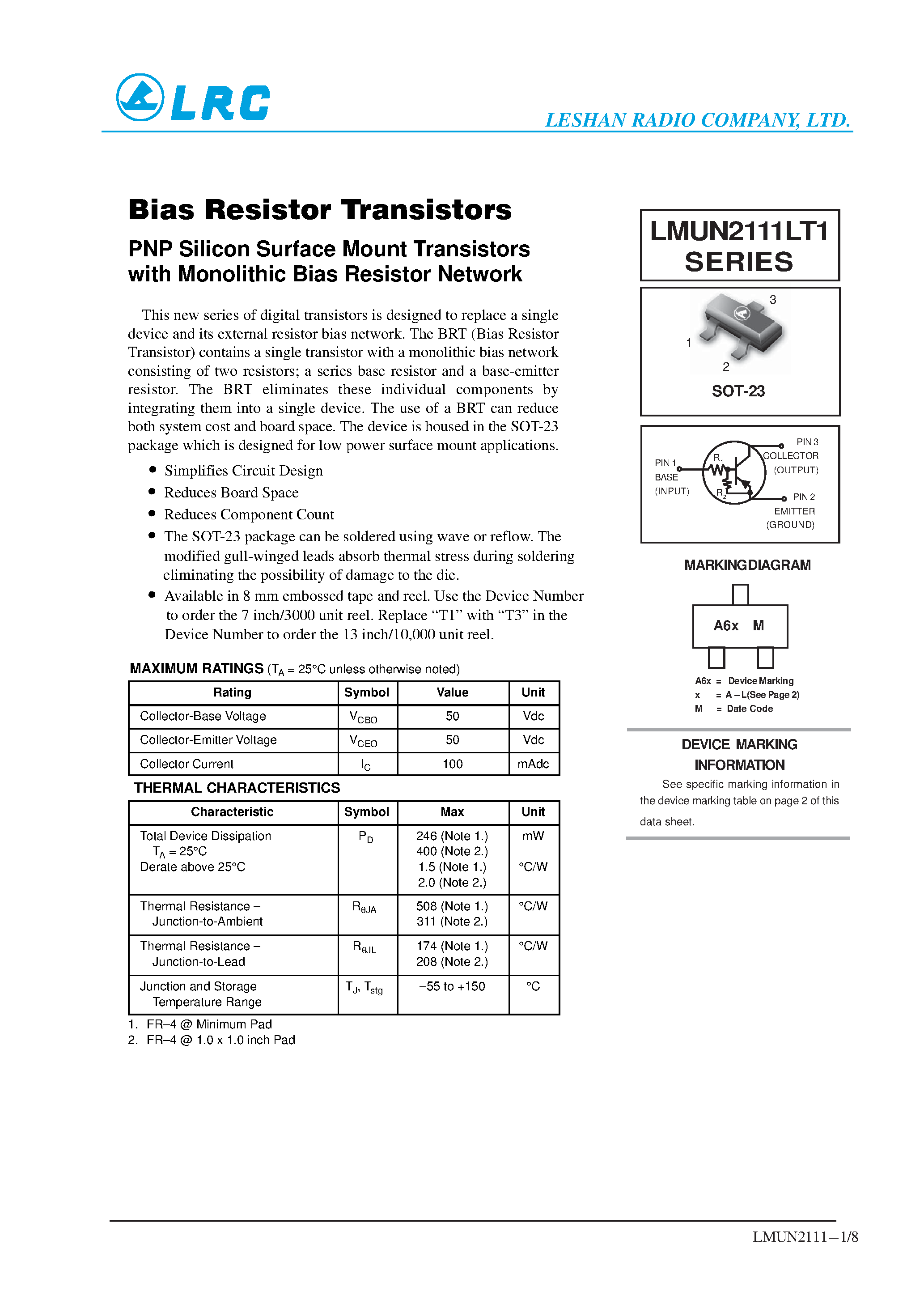 Даташит LMUN2110LT1 - Bias Resistor Transistors страница 1