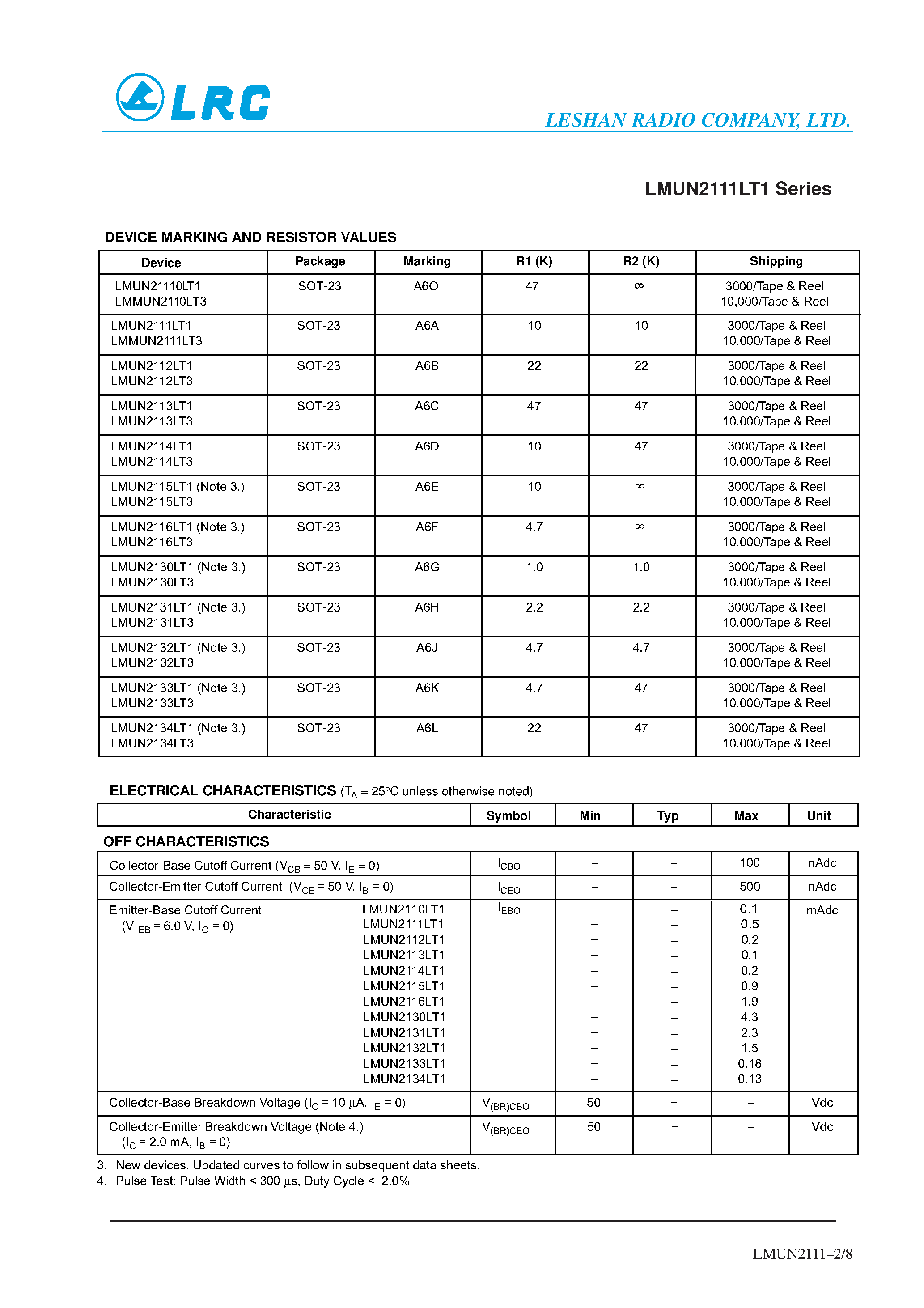 Даташит на микросхему LMUN2112LT3 страница 2 Даташит LMUN2112LT3 - Bias Resistor Transistors страница 2