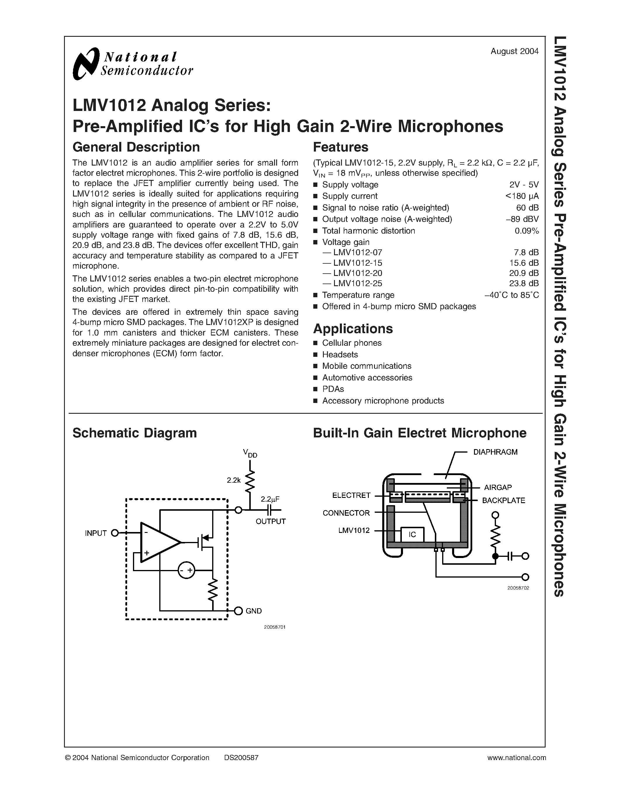 Datasheet LMV1012 - Pre-Amplified ICs for High Gain 2-Wire Microphones page 1