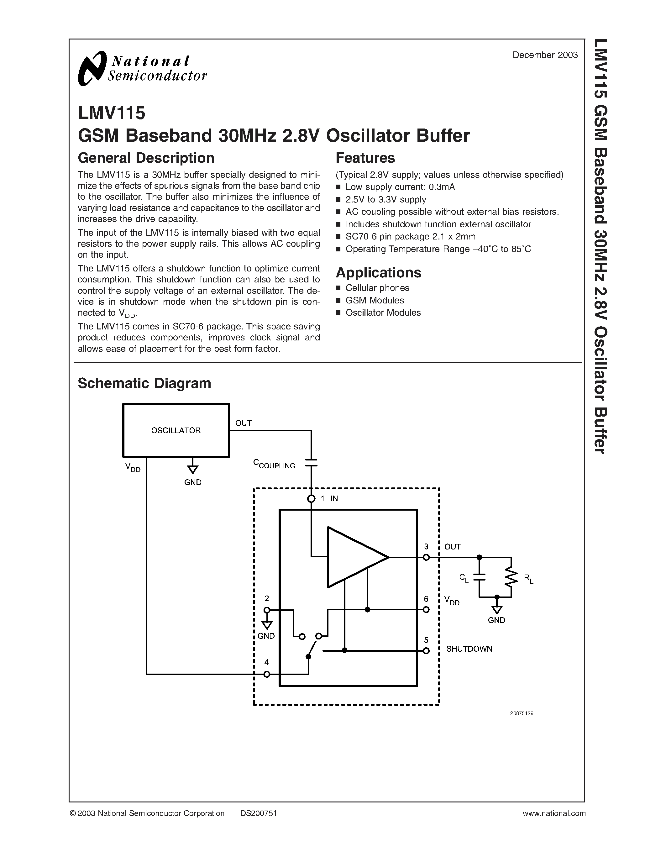 Datasheet LMV115 - GSM Baseband 30MHz 2.8V Oscillator Buffer page 1