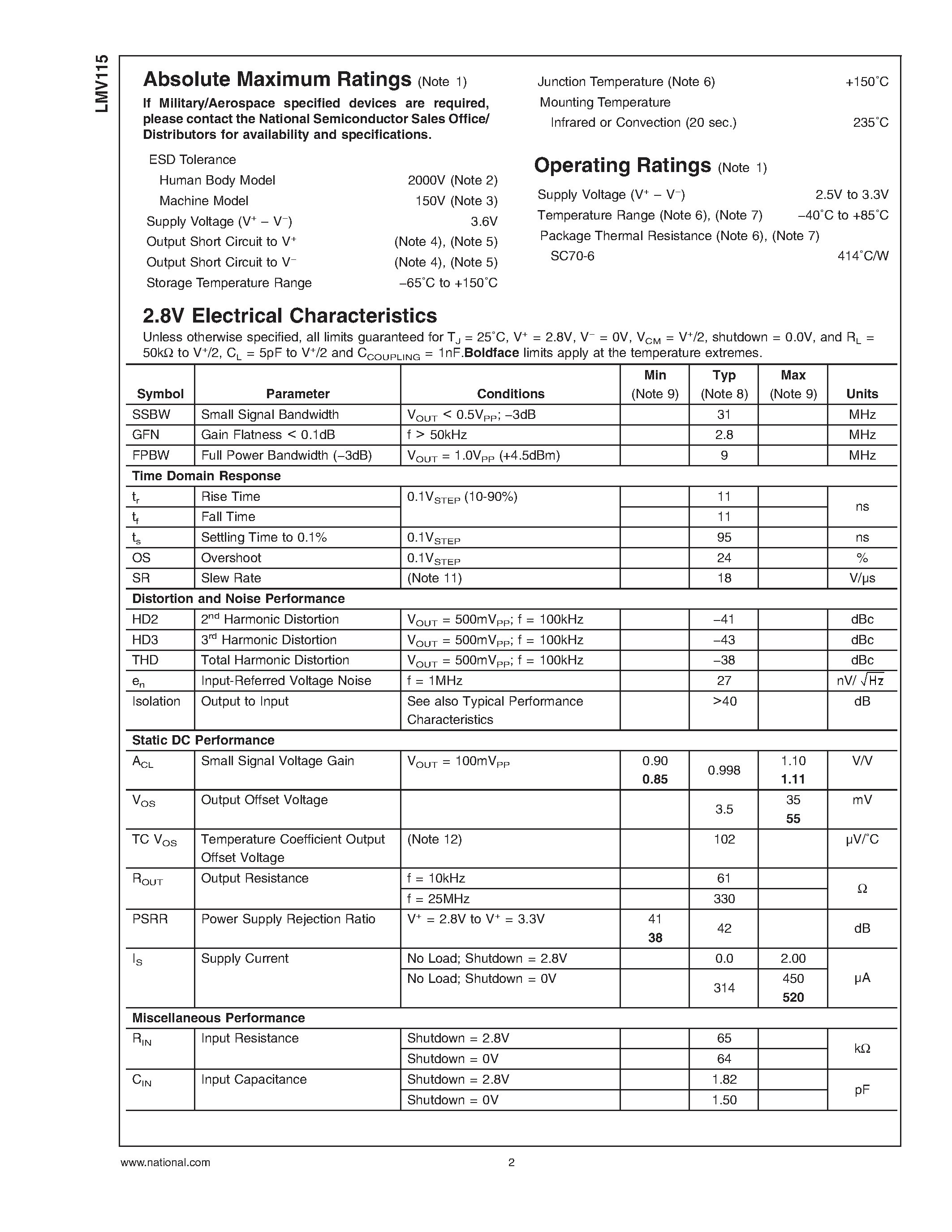 Datasheet LMV115 - GSM Baseband 30MHz 2.8V Oscillator Buffer page 2