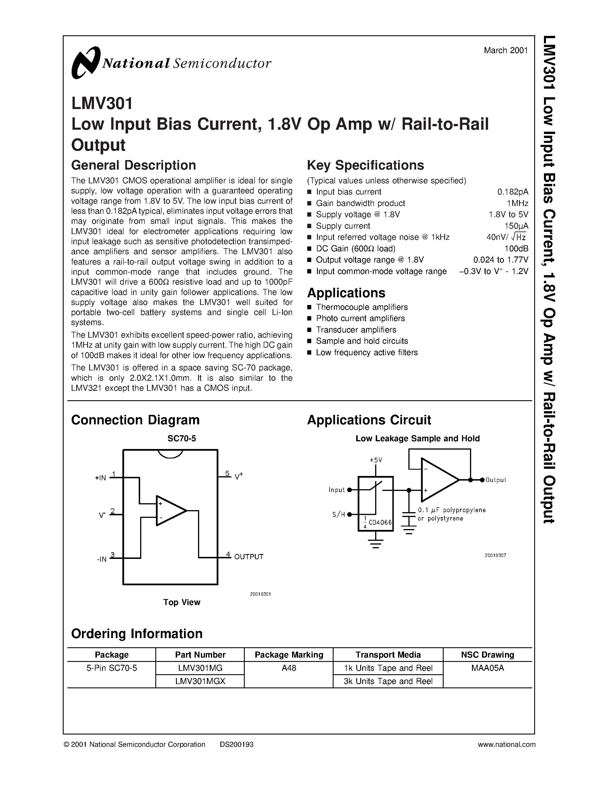 Datasheet LMV301 - Low Input Bias Current / 1.8V Op Amp w/ Rail-to-Rail Output page 1