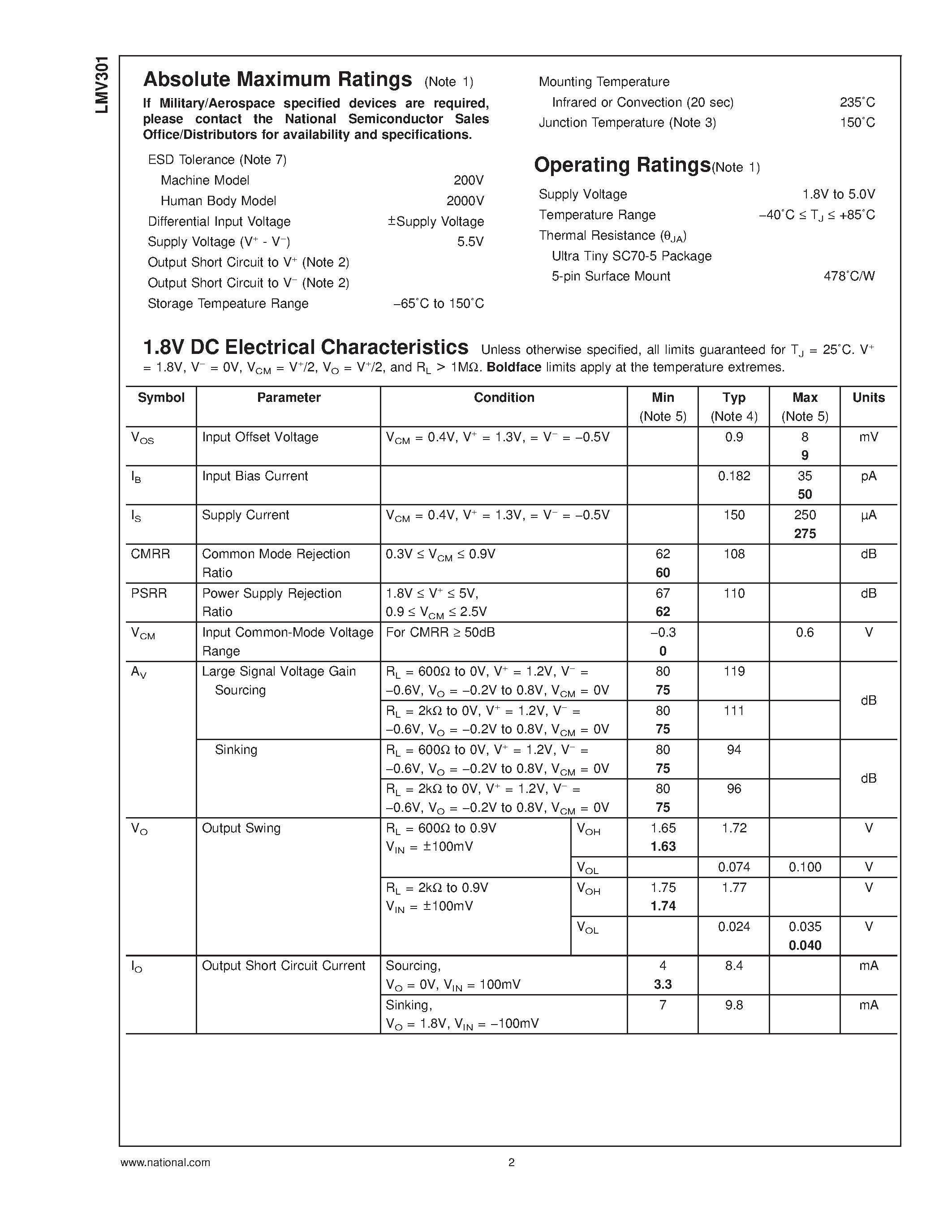 Datasheet LMV301 - Low Input Bias Current / 1.8V Op Amp w/ Rail-to-Rail Output page 2