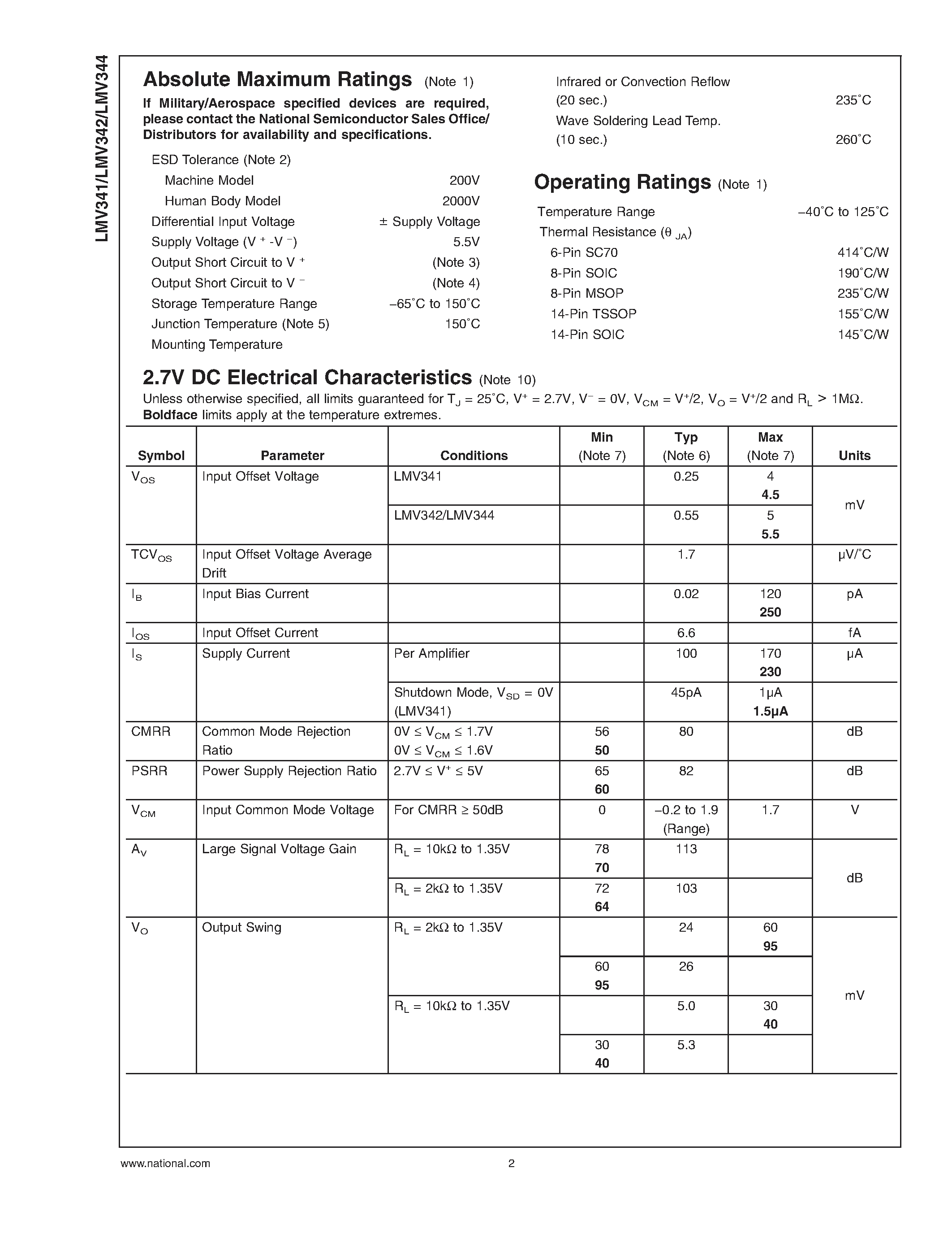 Datasheet LMV342MA - Single with Shutdown/Dual/Quad General Purpose / 2.7V / Rail-to-Rail Output / 125C / Operational Amplifiers page 2