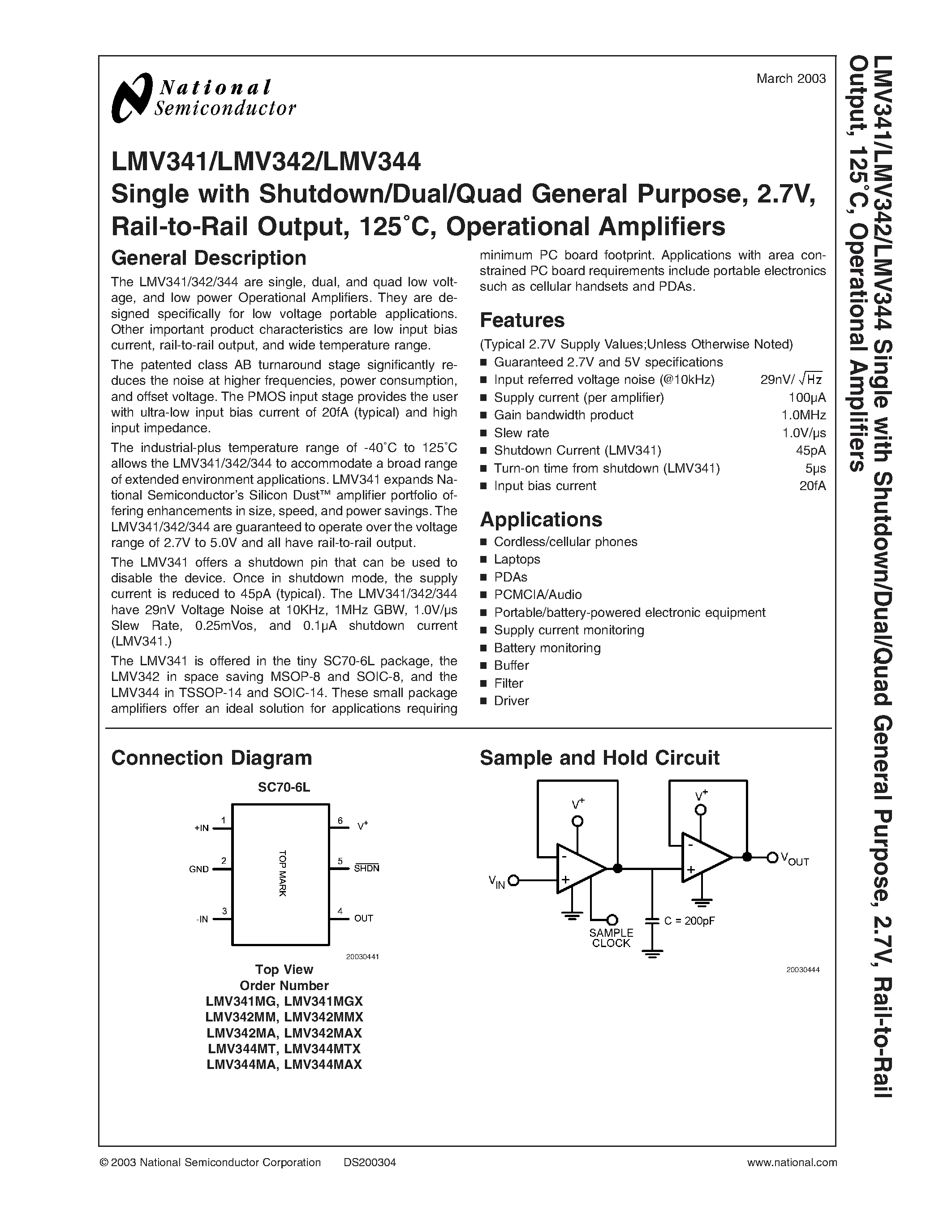 Datasheet LMV344MA - Single with Shutdown/Dual/Quad General Purpose / 2.7V / Rail-to-Rail Output / 125C / Operational Amplifiers page 1