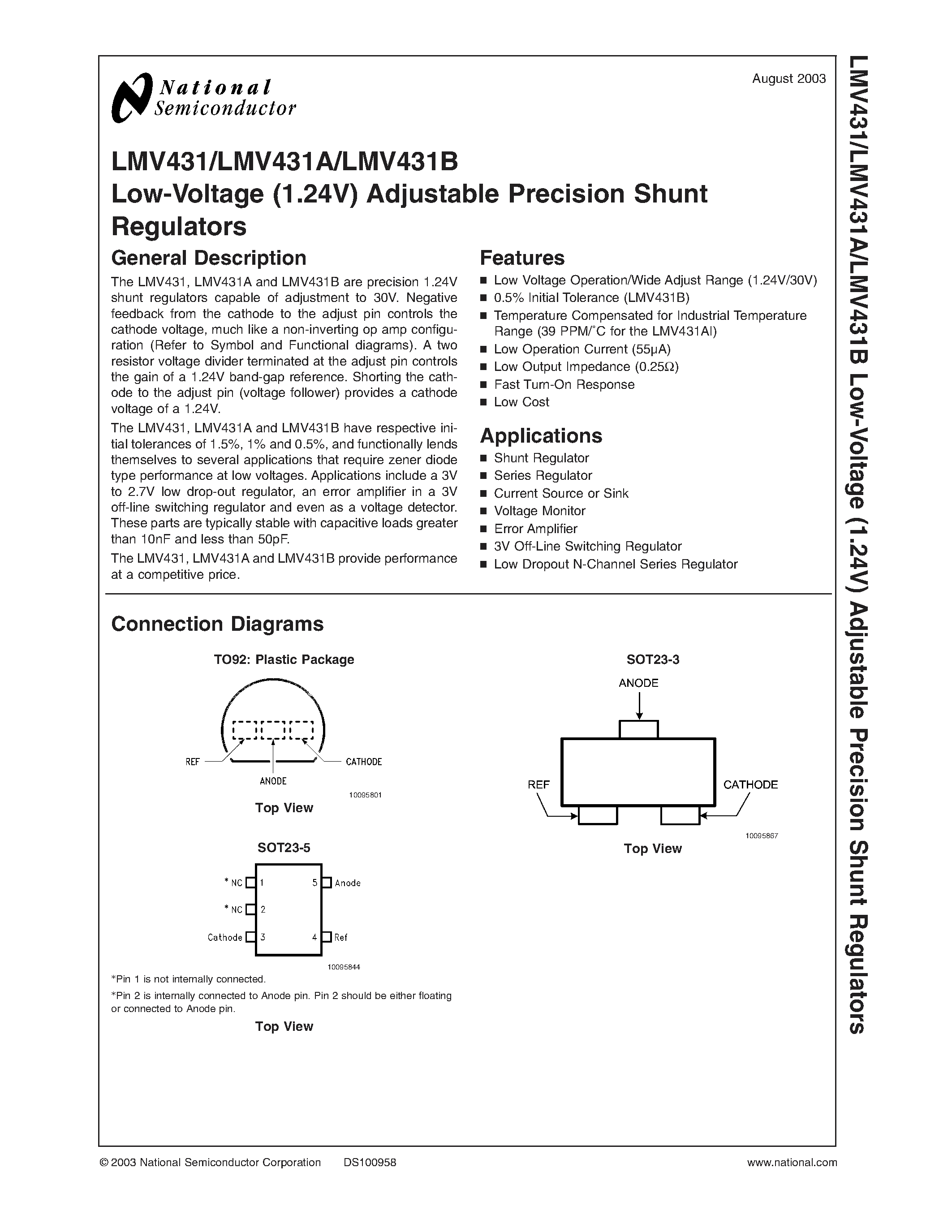 Даташит LMV431B - Low-Voltage (1.24V) Adjustable Precision Shunt Regulators страница 1