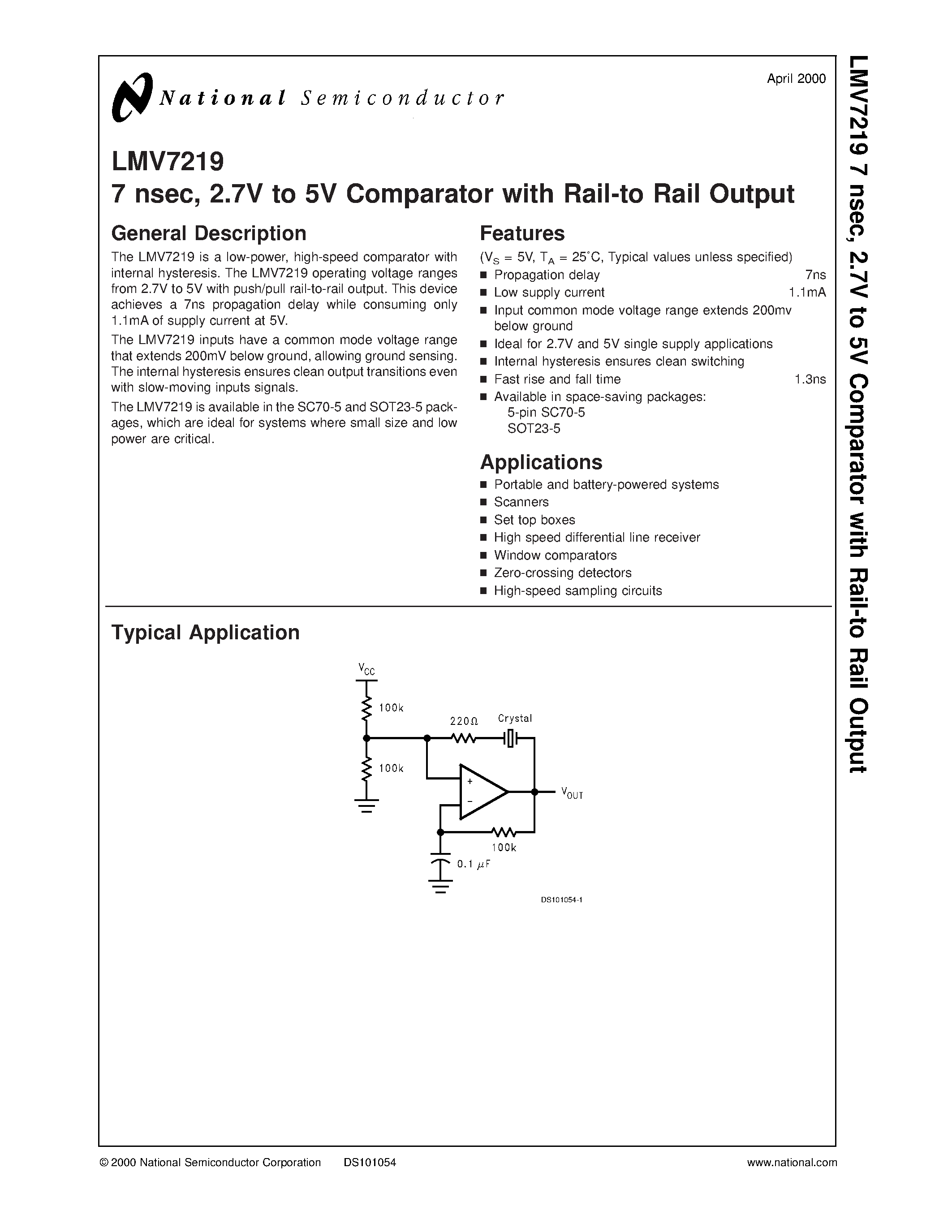 Datasheet LMV7219 - 7 nsec / 2.7V to 5V Comparator with Rail-to Rail Output page 1