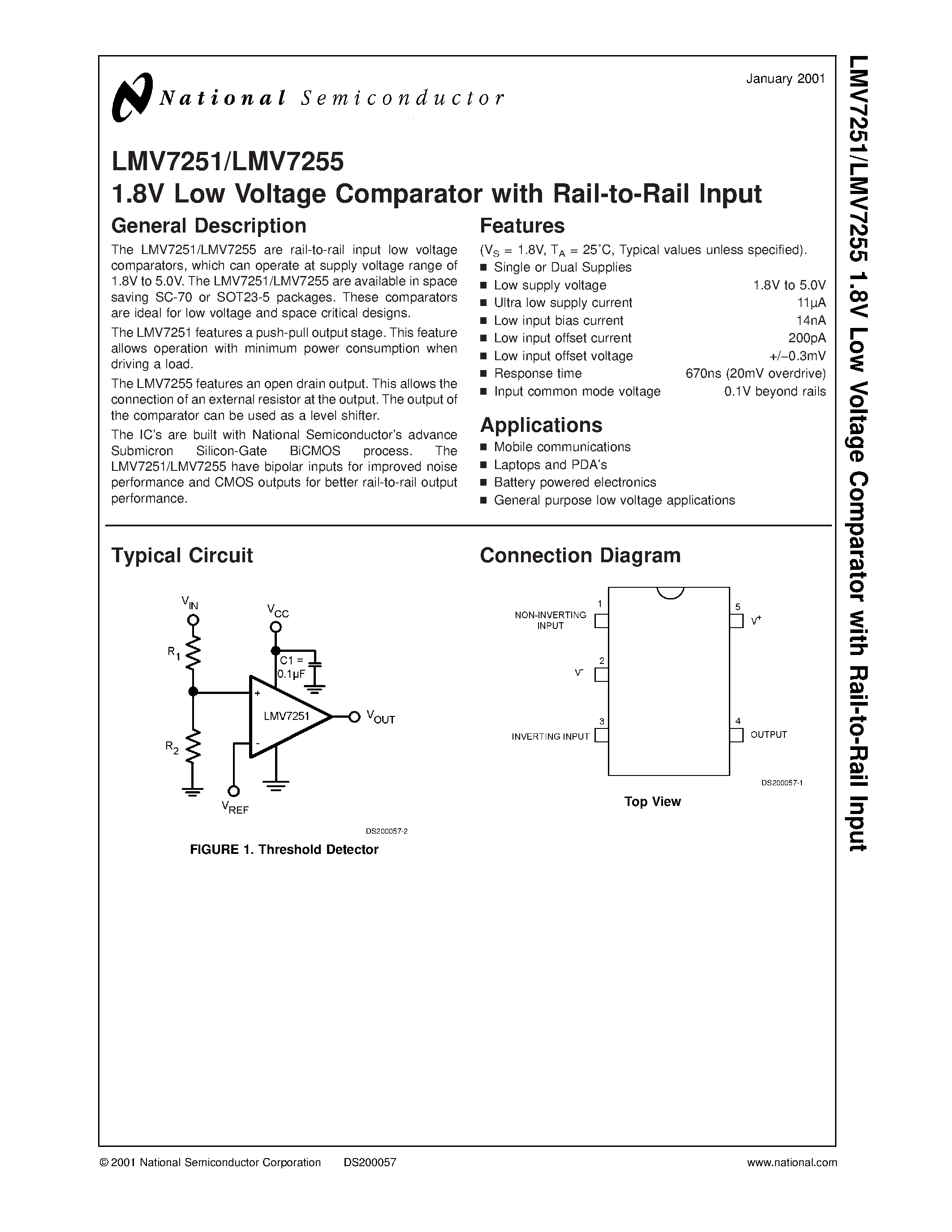 Даташит на микросхему LMV7251 страница 1 Даташит LMV7251 - 1.8V Low Voltage Comparator with Rail-to-Rail Input страница 1