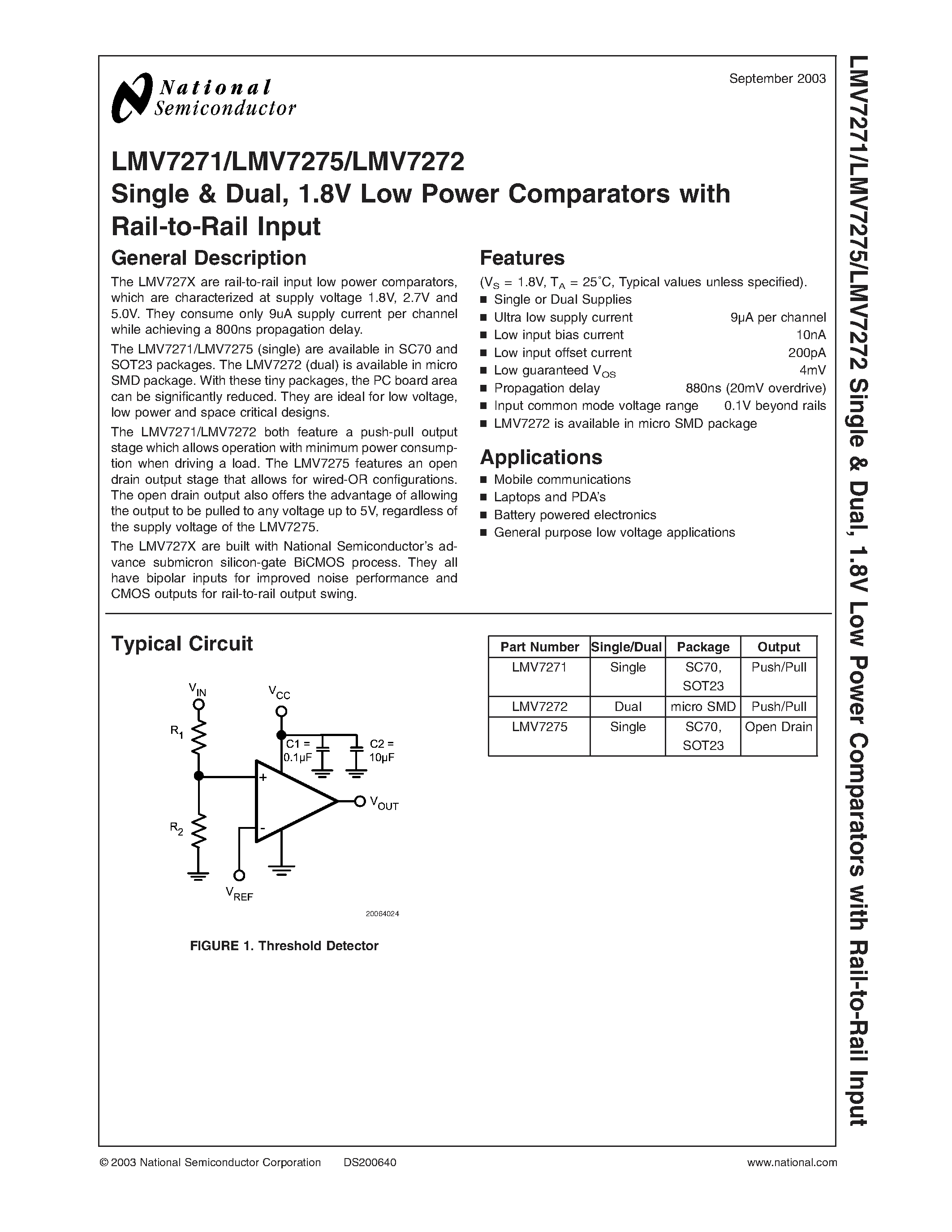 Даташит LMV7271 - Single & Dual / 1.8V Low Power Comparators with Rail-to-Rail Input страница 1
