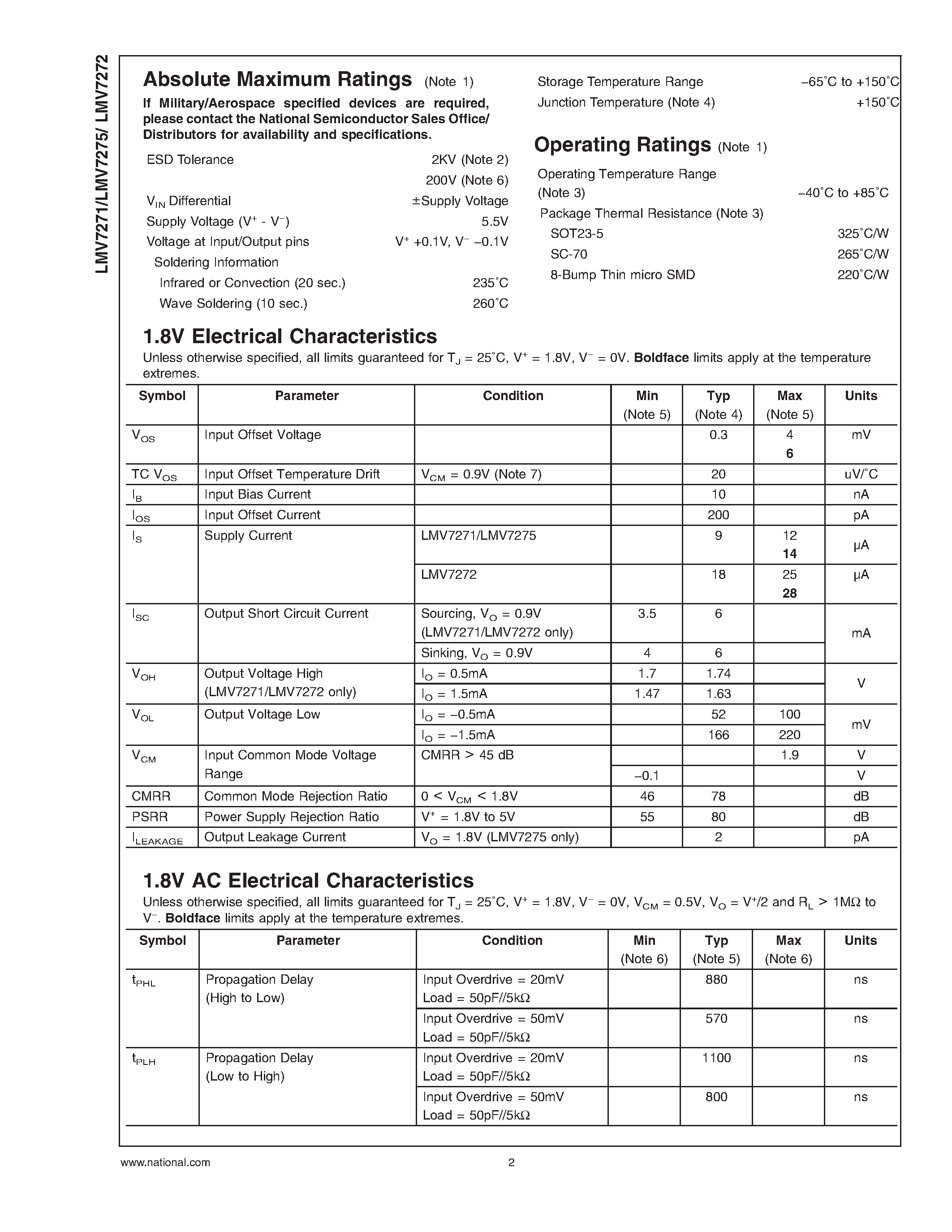 Даташит LMV7271 - Single & Dual / 1.8V Low Power Comparators with Rail-to-Rail Input страница 2