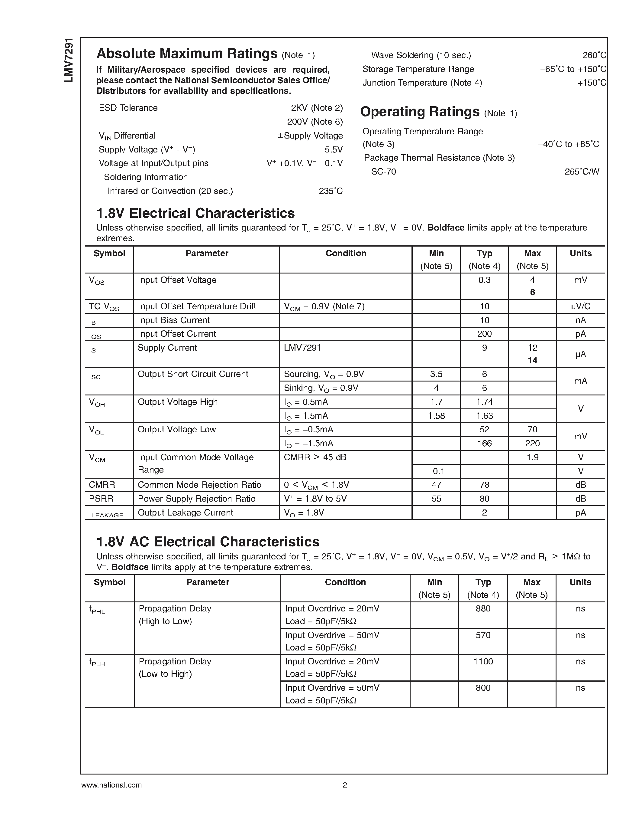 Даташит на микросхему LMV7291 страница 2 Даташит LMV7291 - Single 1.8V Low Power Comparator with Rail-to-Rail Input страница 2