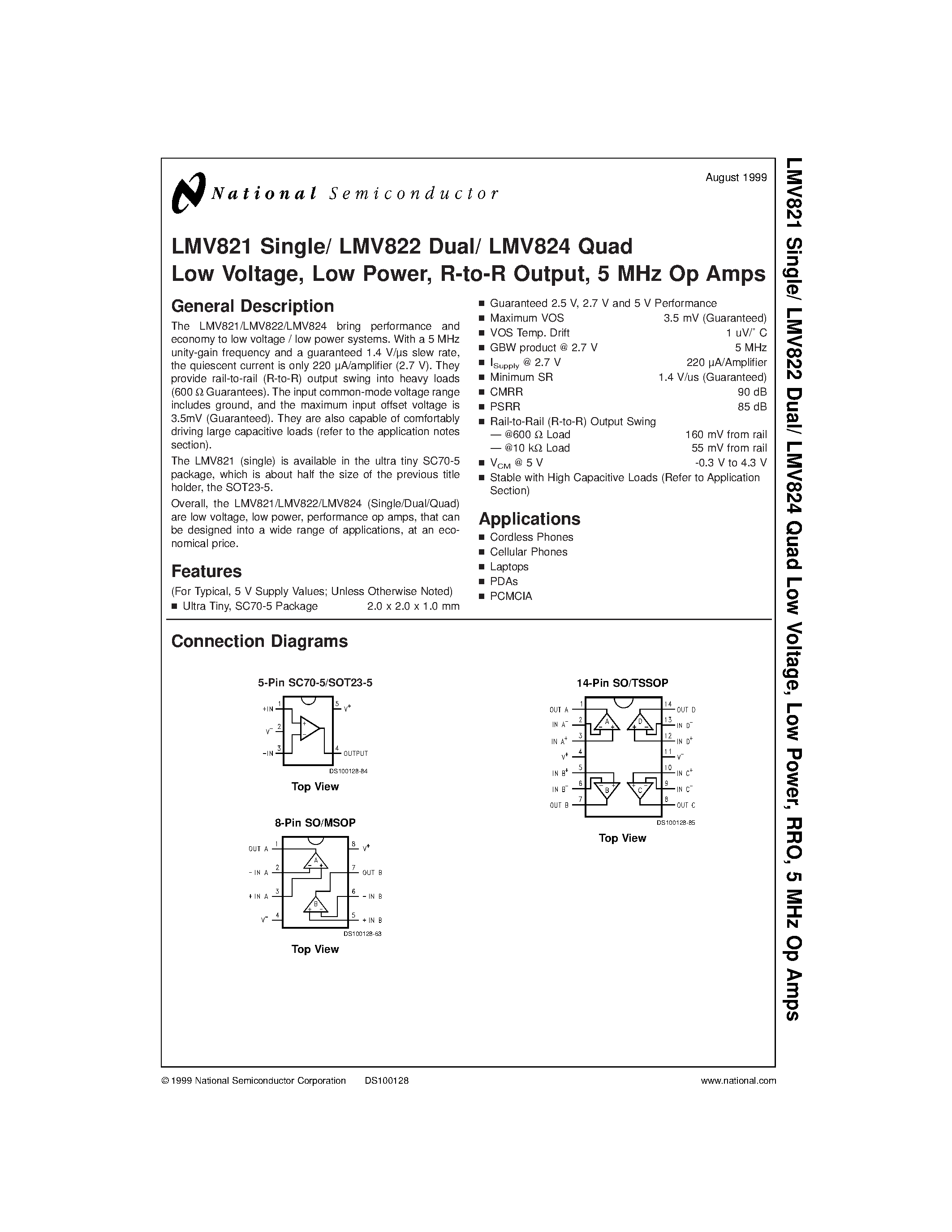 Даташит LMV824 - Low Voltage / Low Power / R-to-R Output / 5 MHz Op Amps страница 1