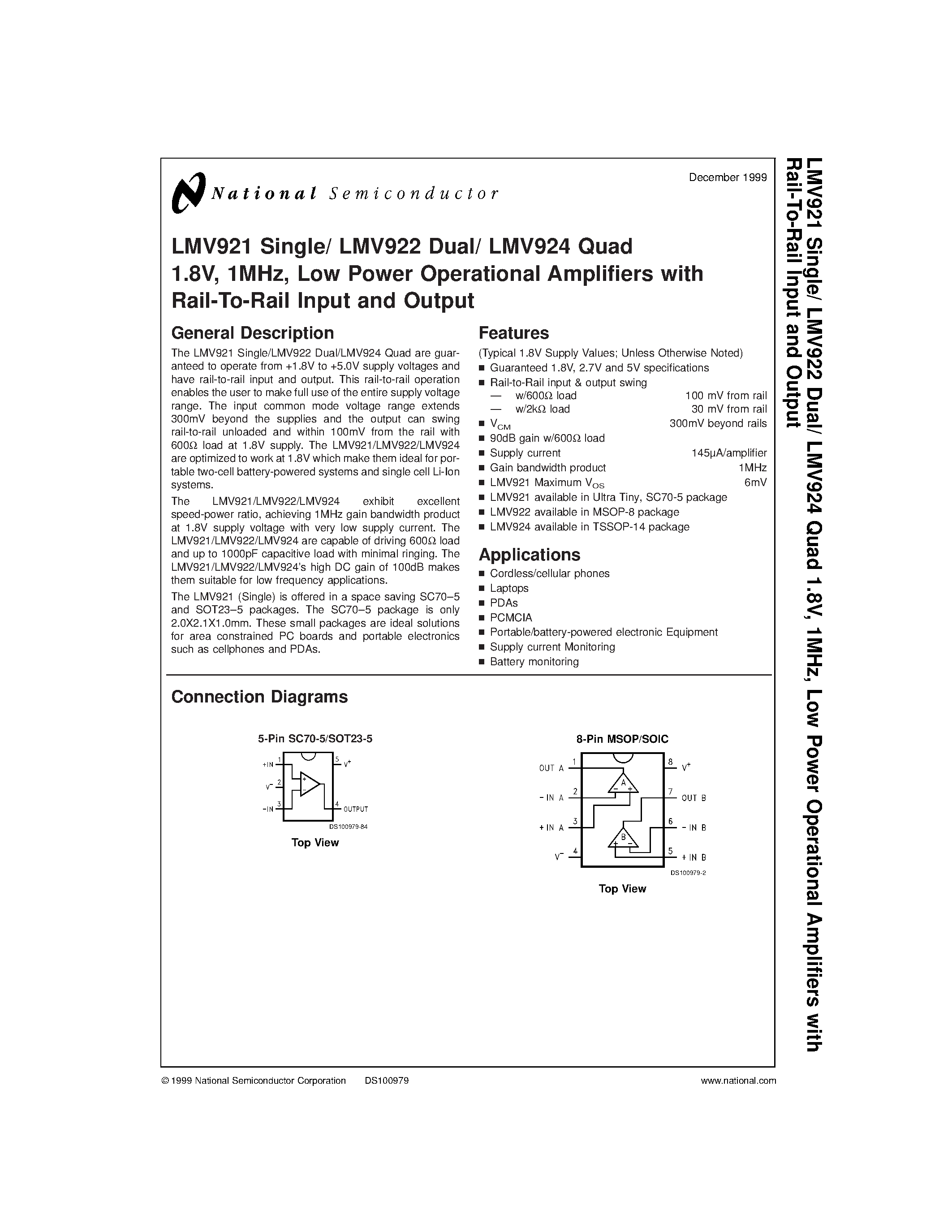 Даташит на микросхему LMV924M страница 1 Даташит LMV924M - 1.8V / 1MHz / Low Power Operational Amplifiers with Rail-To-Rail Input and Output страница 1