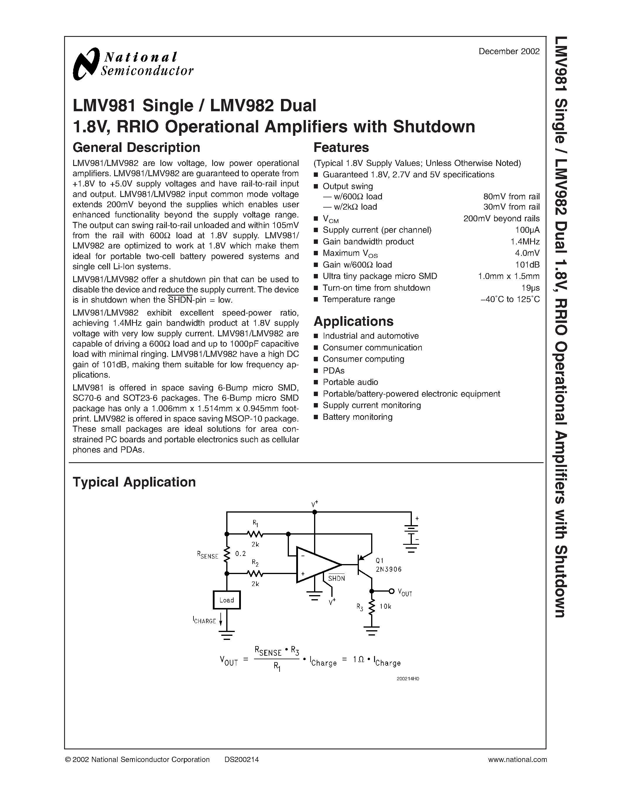 Даташит LMV981 - 1.8V / RRIO Operational Amplifiers with Shutdown страница 1