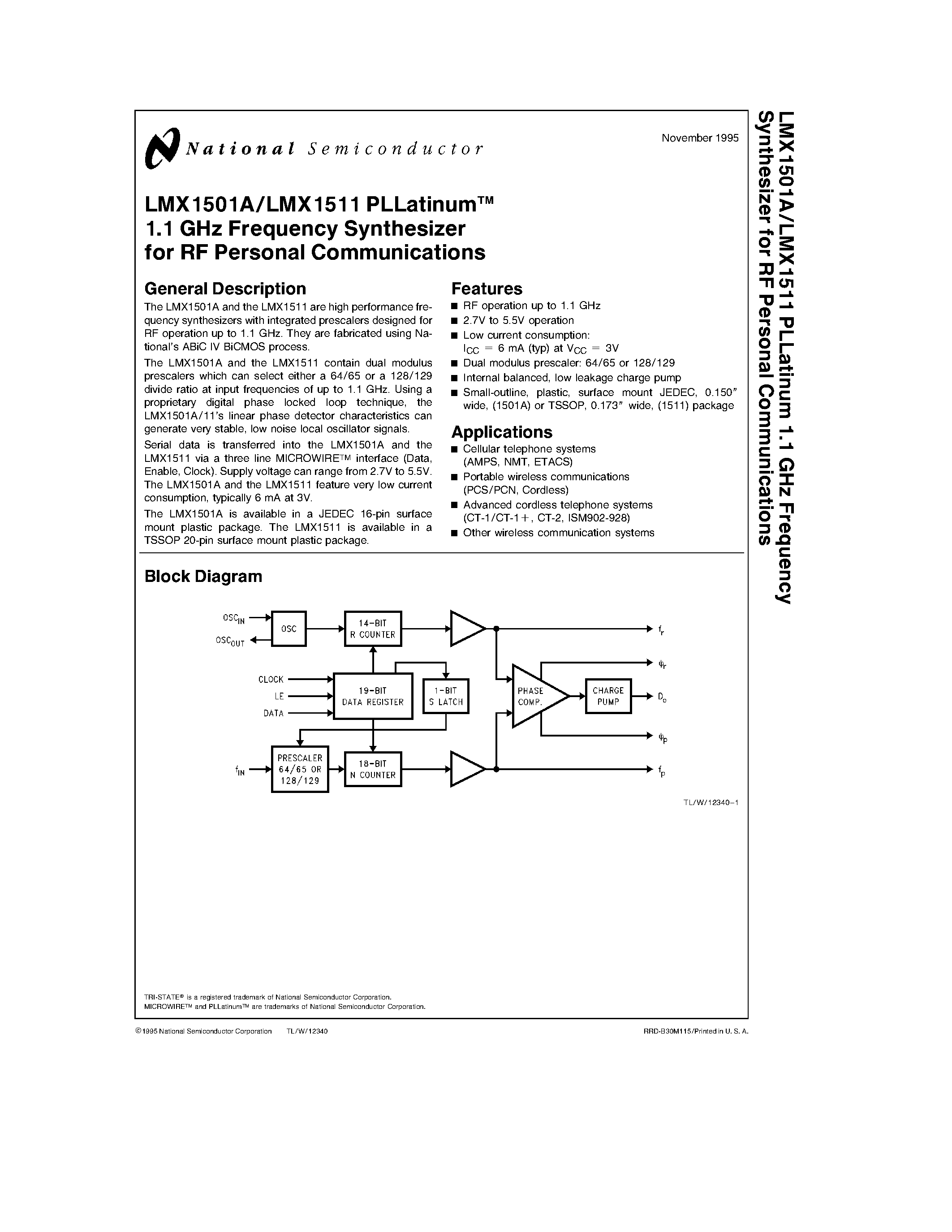 Даташит на микросхему LMX1511 страница 1 Даташит LMX1511 - PLLatinumTM 1.1 GHz Frequency Synthesizer for RF Personal Communications страница 1