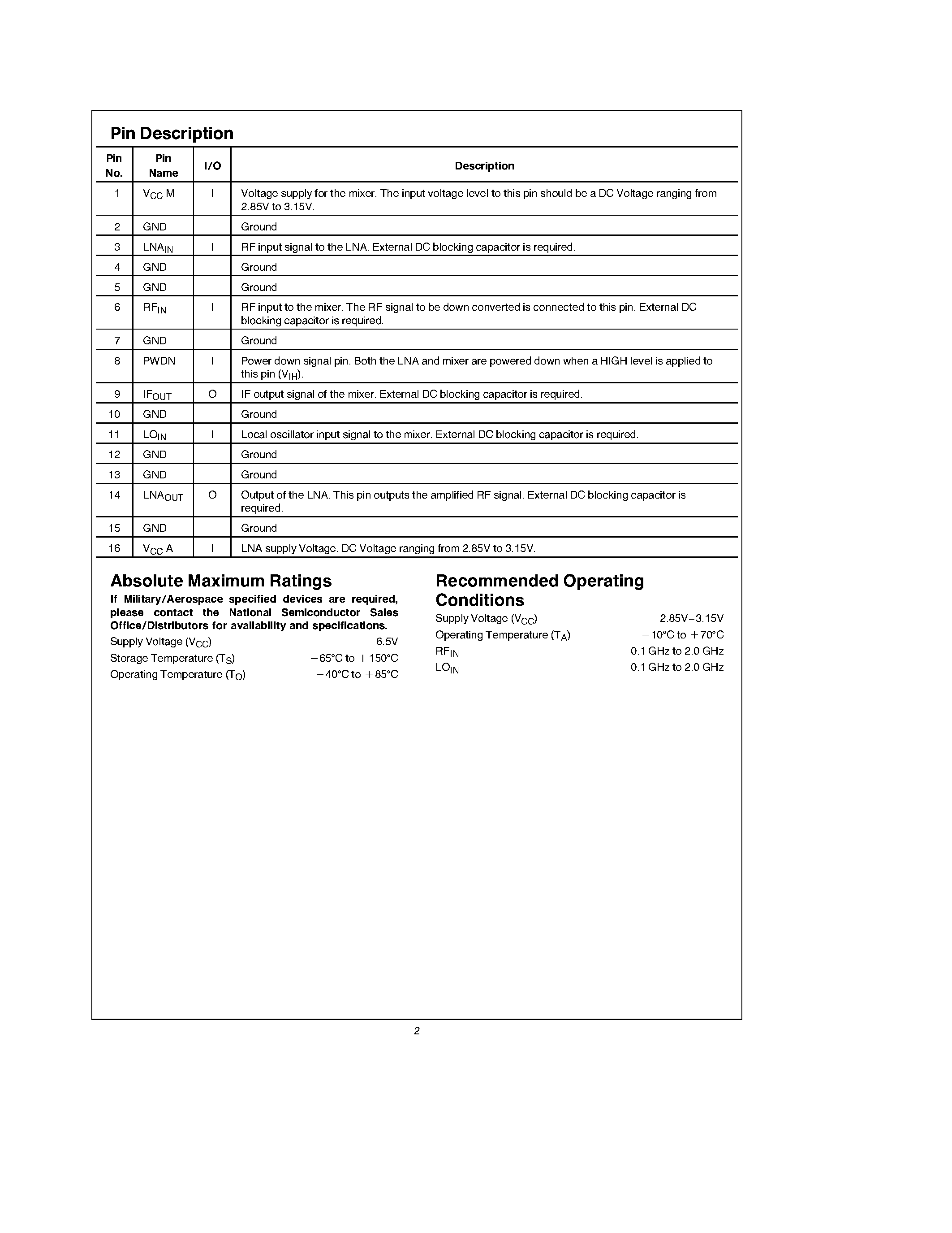 Datasheet LMX2216 page 2 Datasheet LMX2216 - 0.1 GHz to 2.0 GHz Low Noise Amplifier/Mixer for RF Personal Communications page 2
