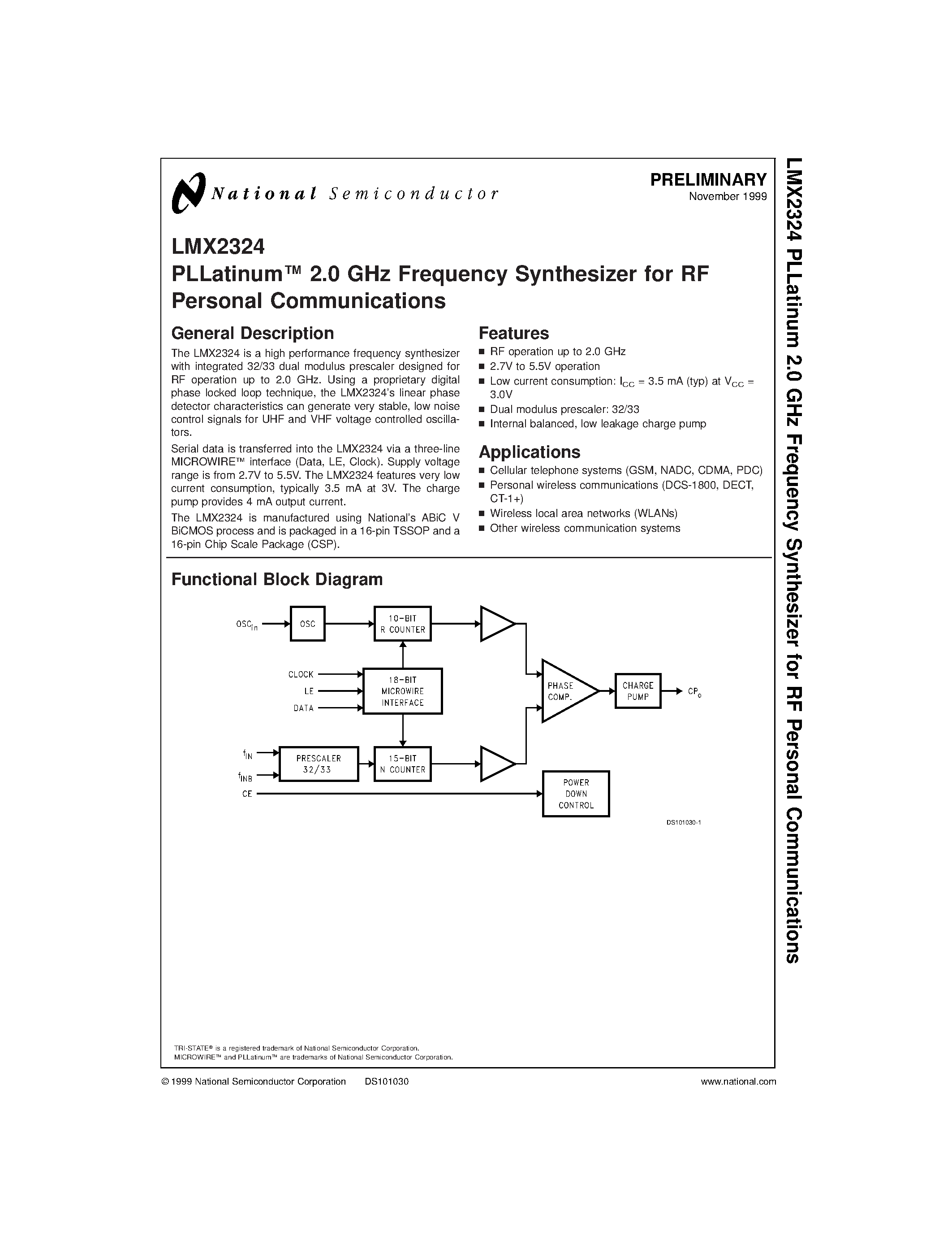 Datasheet LMX2324 - PLLatinum 2.0 GHz Frequency Synthesizer for RF Personal Communications page 1
