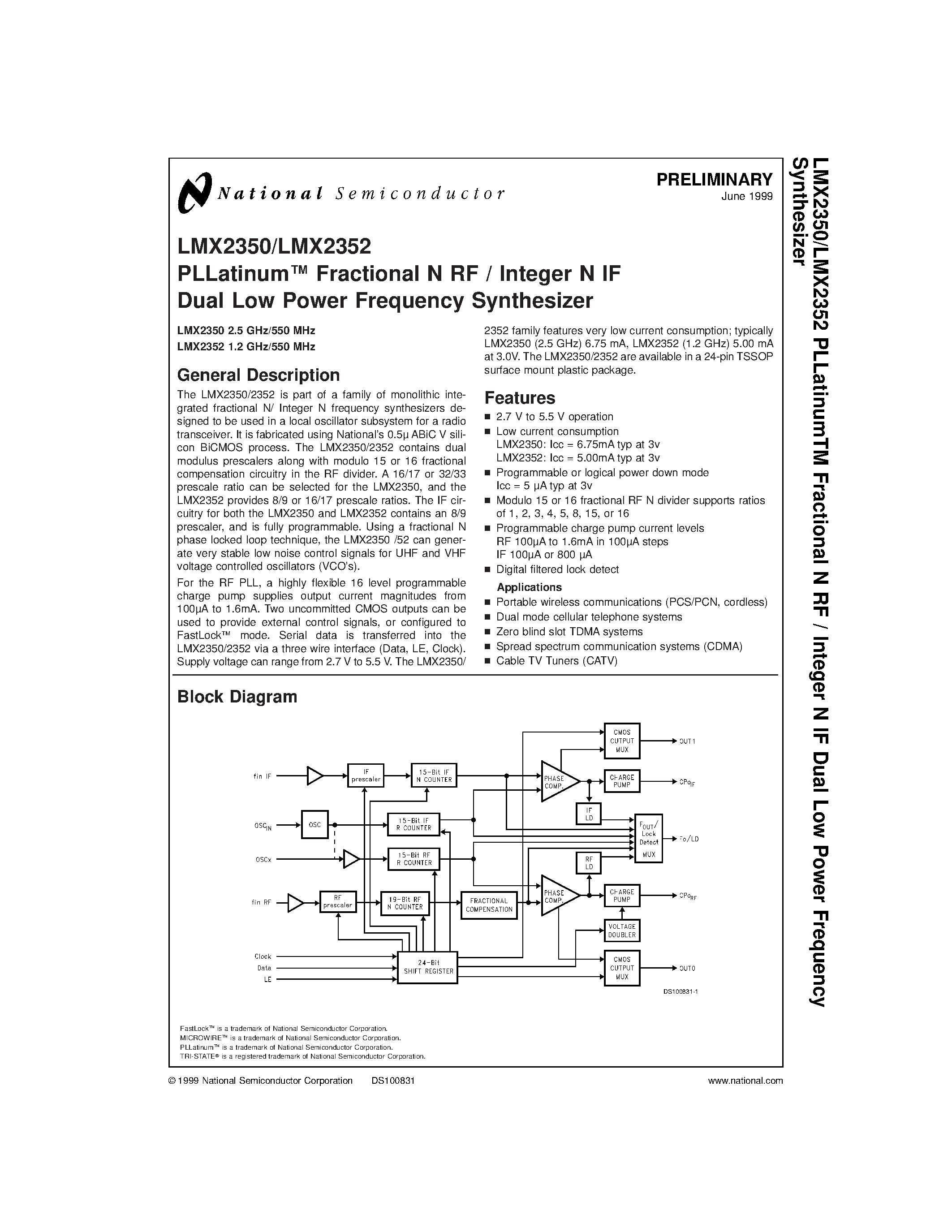 Datasheet LMX2352TM - PLLatinum Fractional N RF / Integer N IF Dual Low Power Frequency Synthesizer page 1