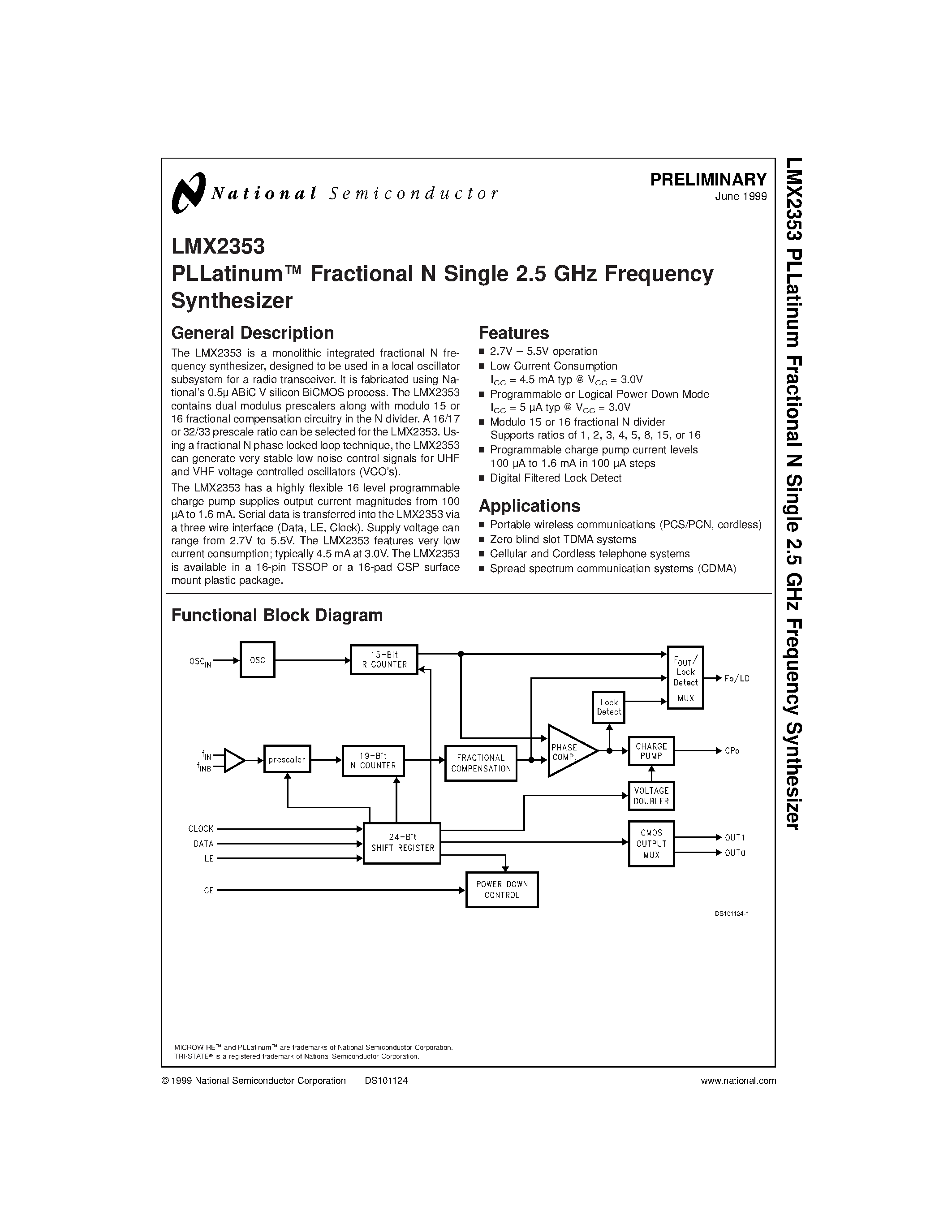 Datasheet LMX2353TM - PLLatinum Fractional N Single 2.5 GHz Frequency Synthesizer page 1