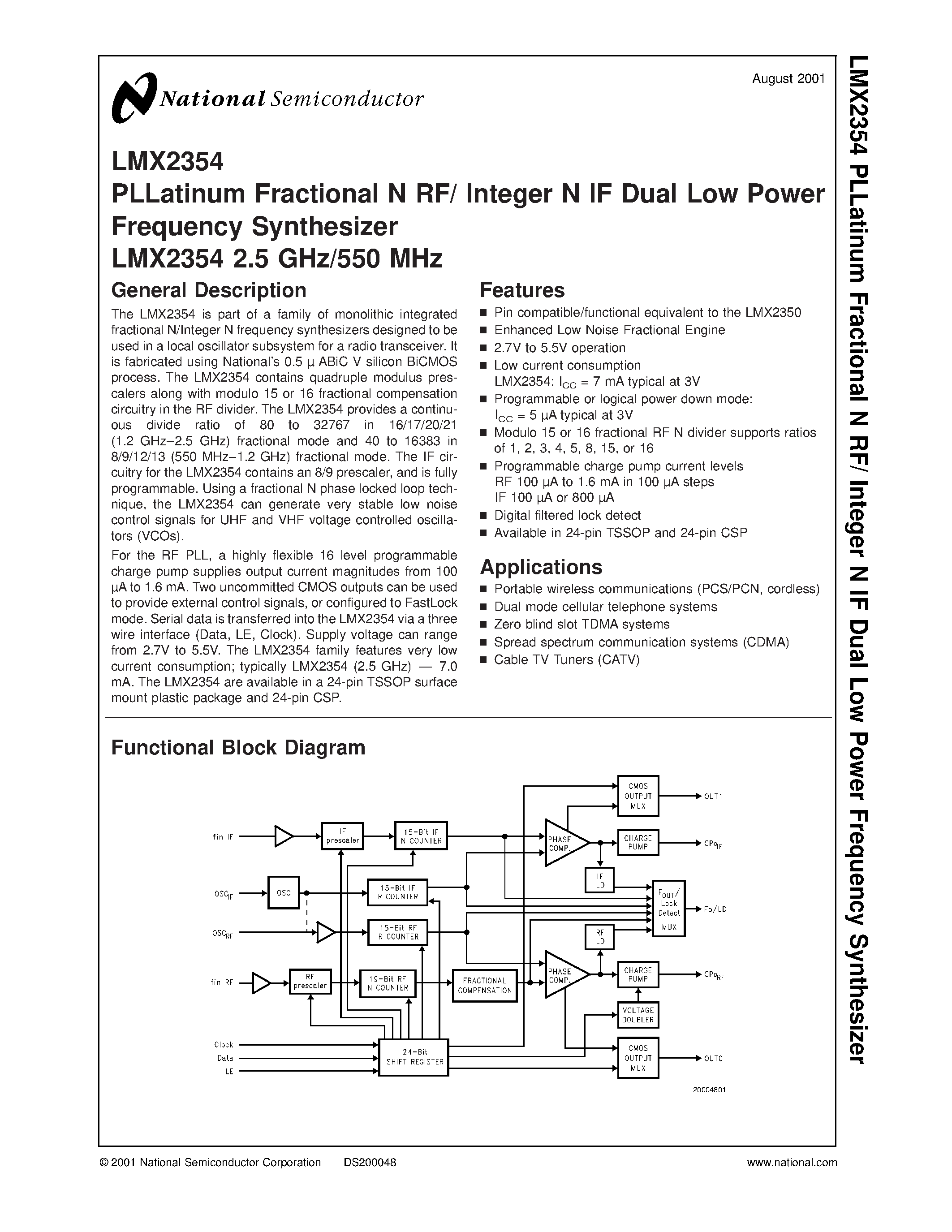 Datasheet LMX2354 - PLLatinum Fractional N RF/ Integer N IF Dual Low Power Frequency Synthesizer page 1