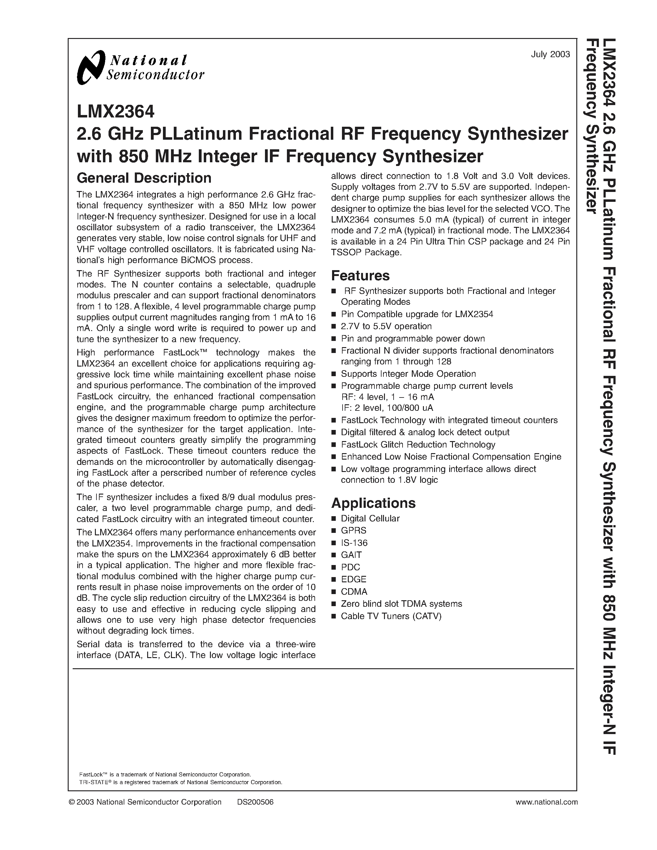 Datasheet LMX2364 - 2.6 GHz PLLatinum Fractional RF Frequency Synthesizer with 850 MHz Integer IF Frequency Synthesizer page 1