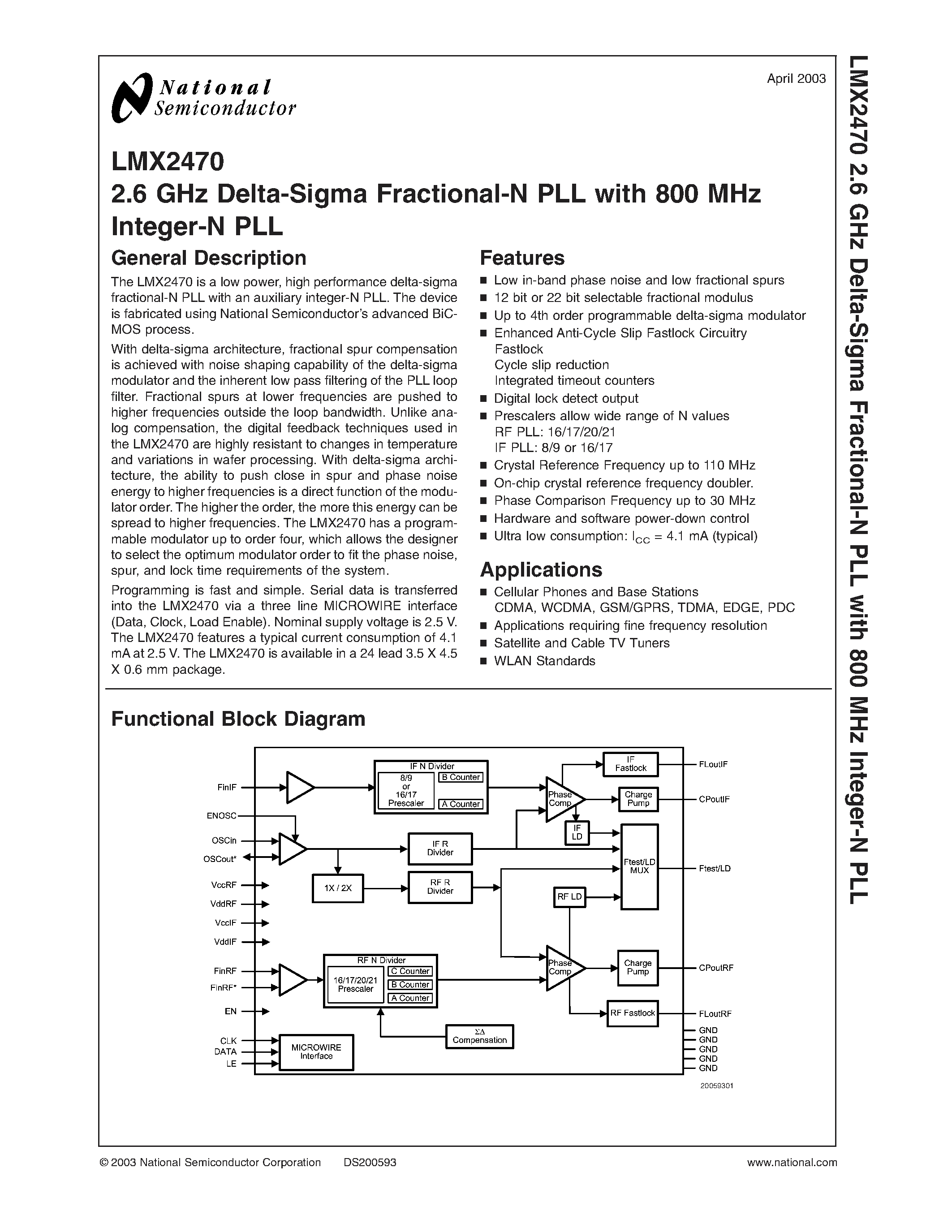 Datasheet LMX2470 - 2.6 GHz Delta-Sigma Fractional-N PLL with 800 MHz Integer-N PLL page 1