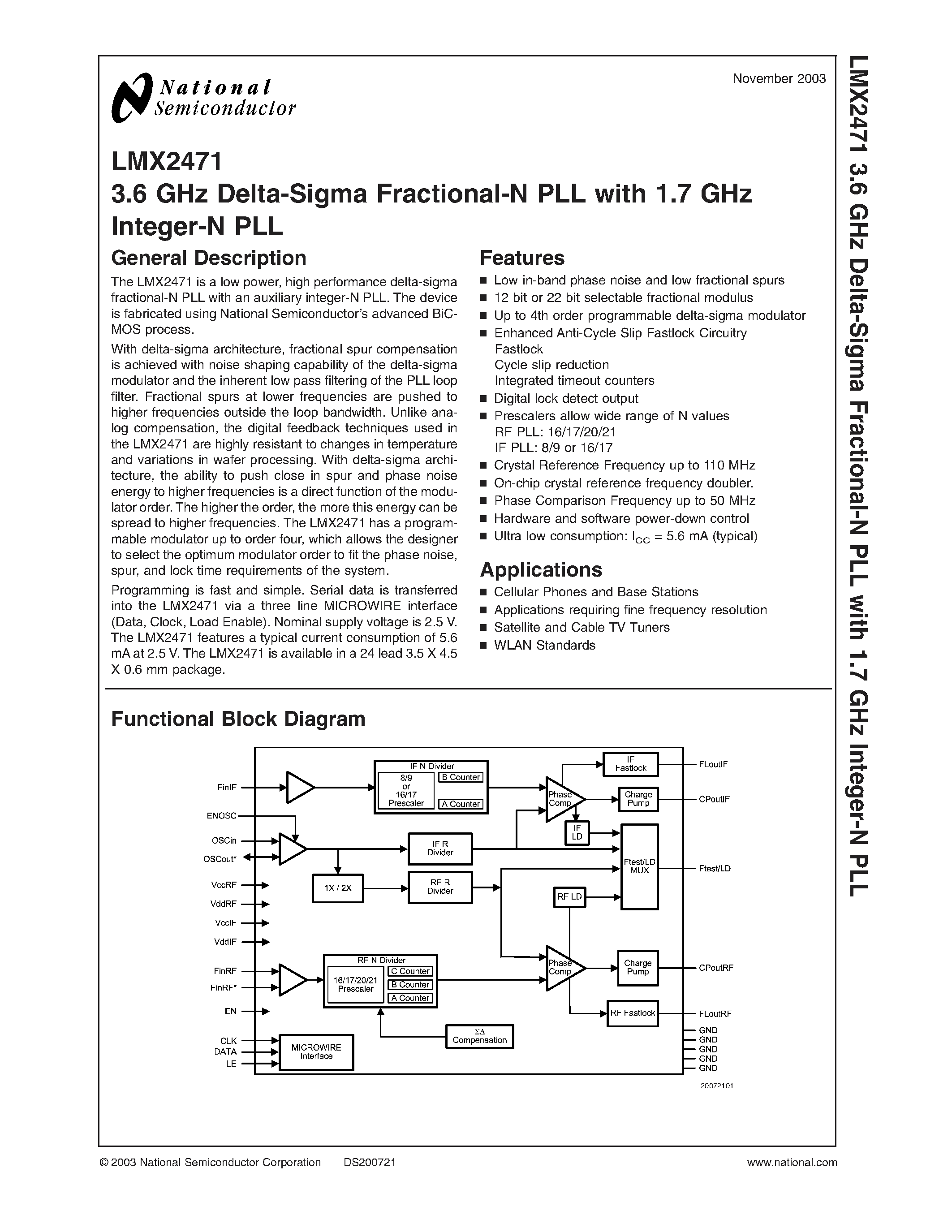 Datasheet LMX2471 - 3.6 GHz Delta-Sigma Fractional-N PLL with 1.7 GHz Integer-N PLL page 1