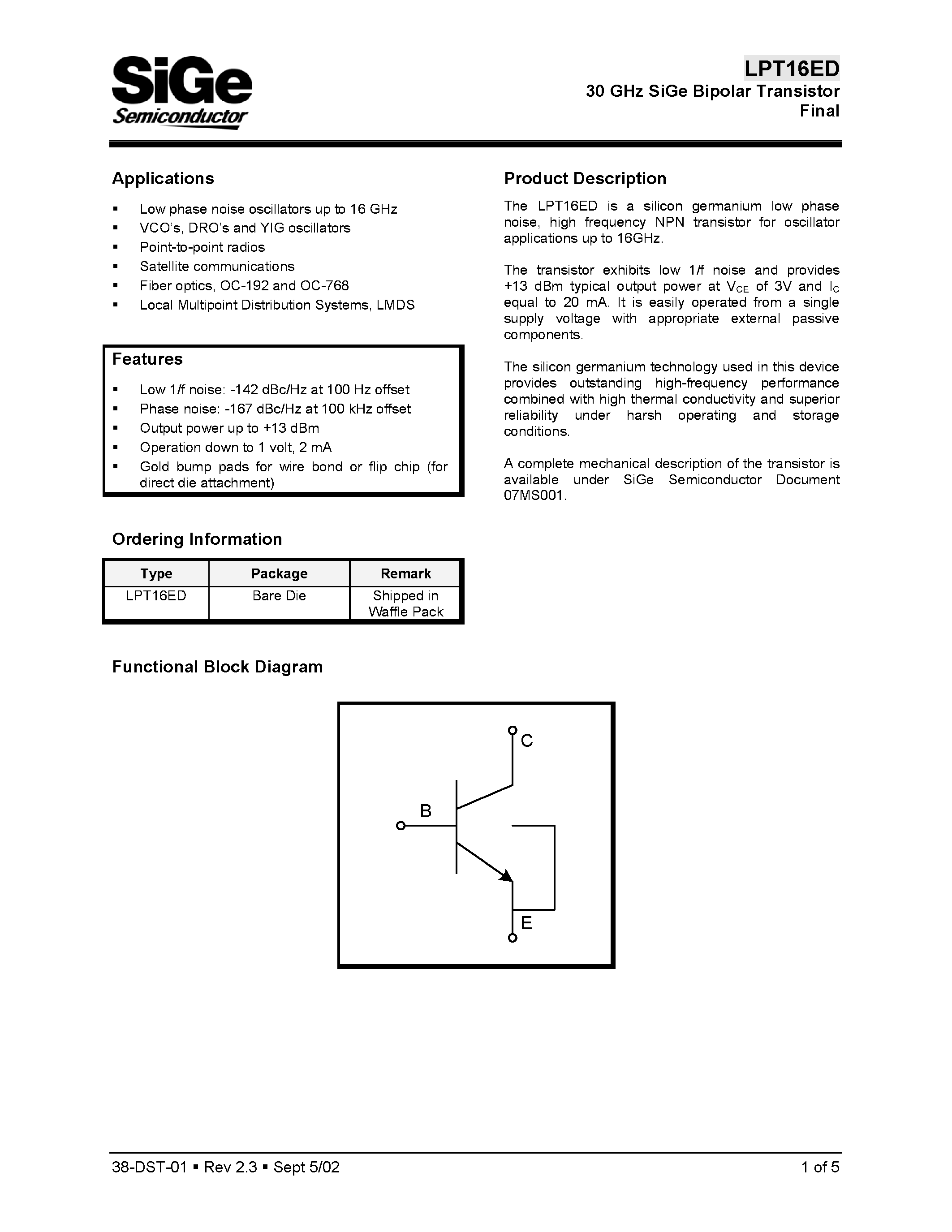 Datasheet LPT16ED - 30 GHz SiGe Bipolar Transistor Final page 1