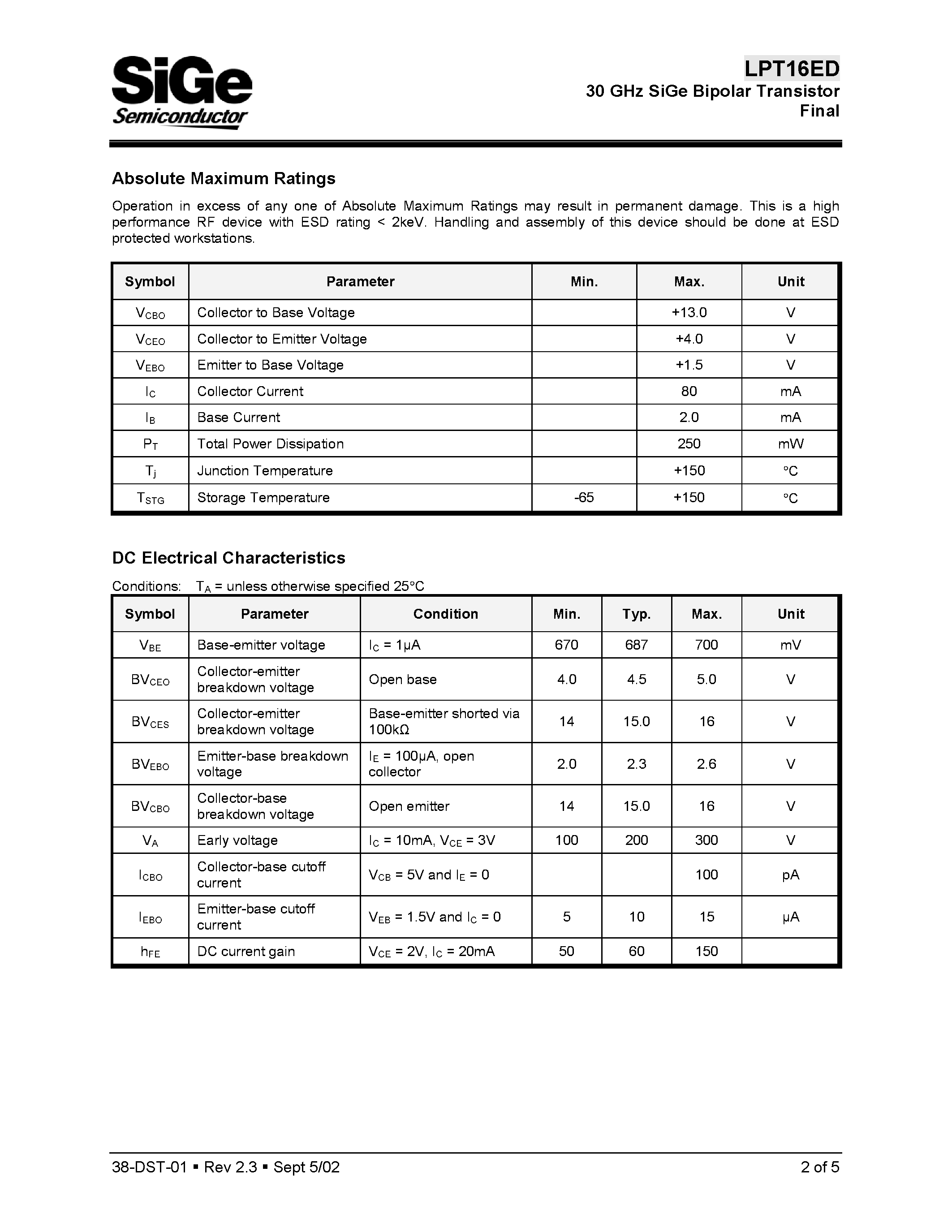 Datasheet LPT16ED - 30 GHz SiGe Bipolar Transistor Final page 2