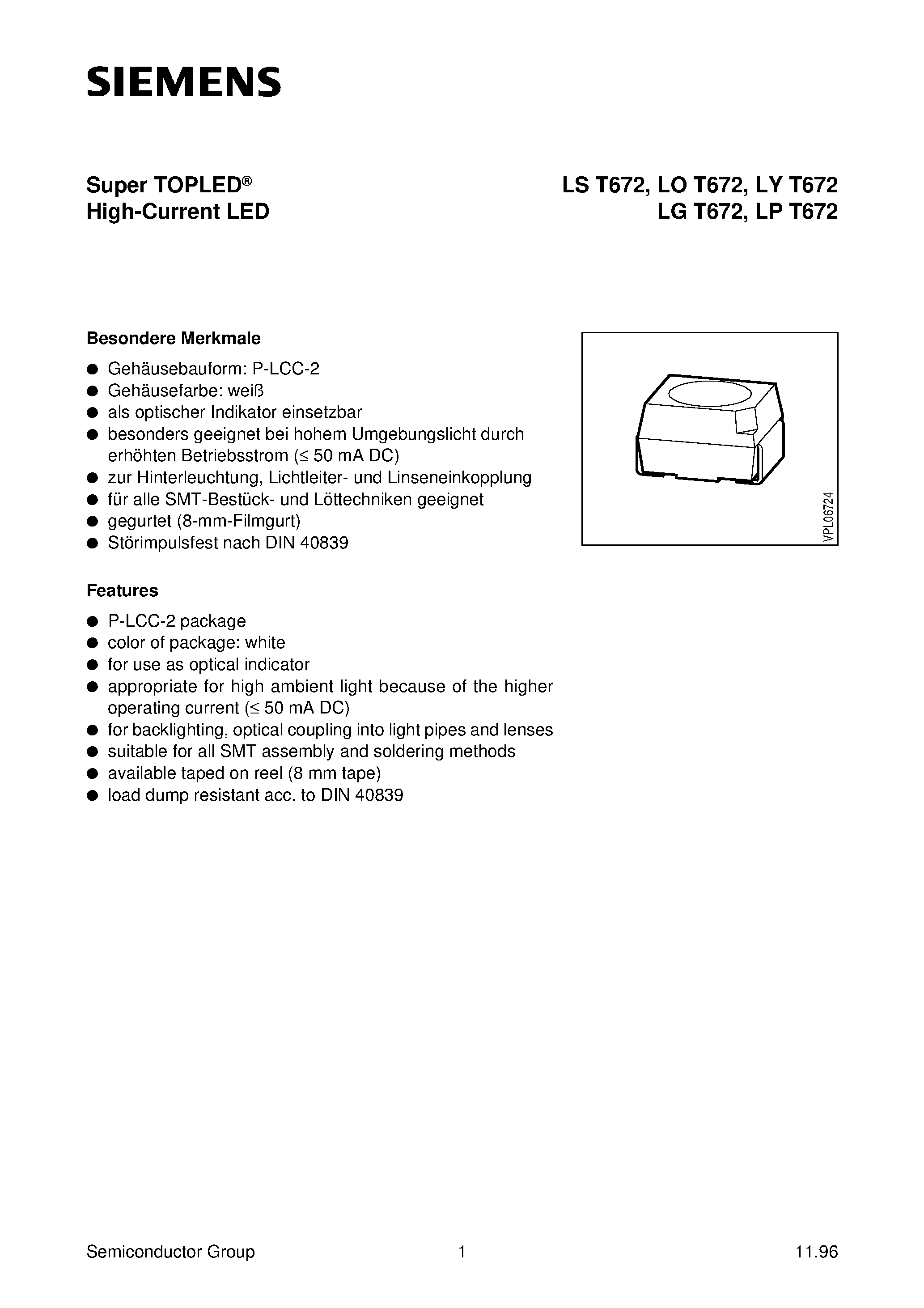 Datasheet LPT672-N - Super TOPLED High-Current LED page 1