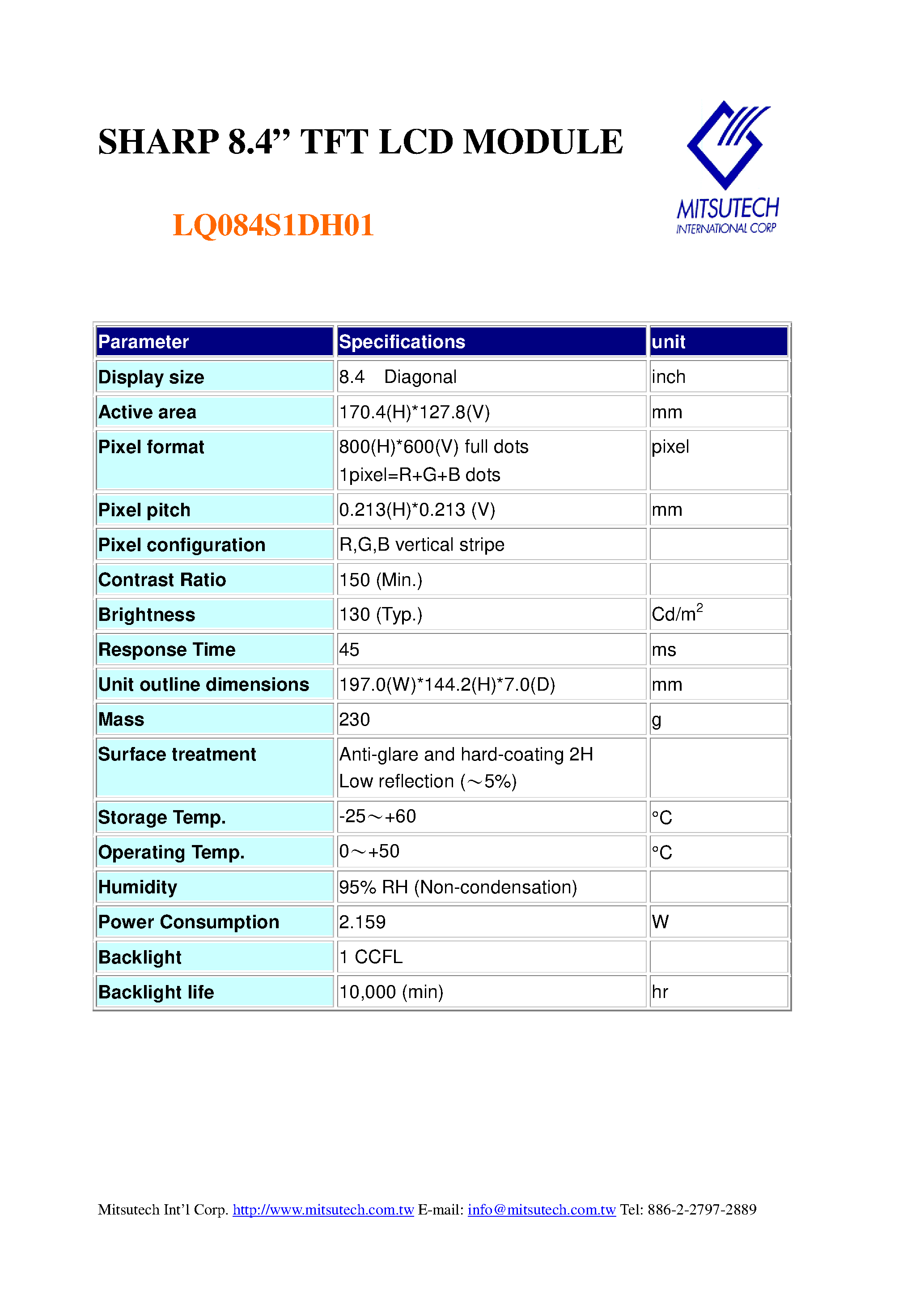 Datasheet LQ084S1DH01 page 1 Datasheet LQ084S1DH01 - SHARP 8.4 TFT LCD MODULE page 1