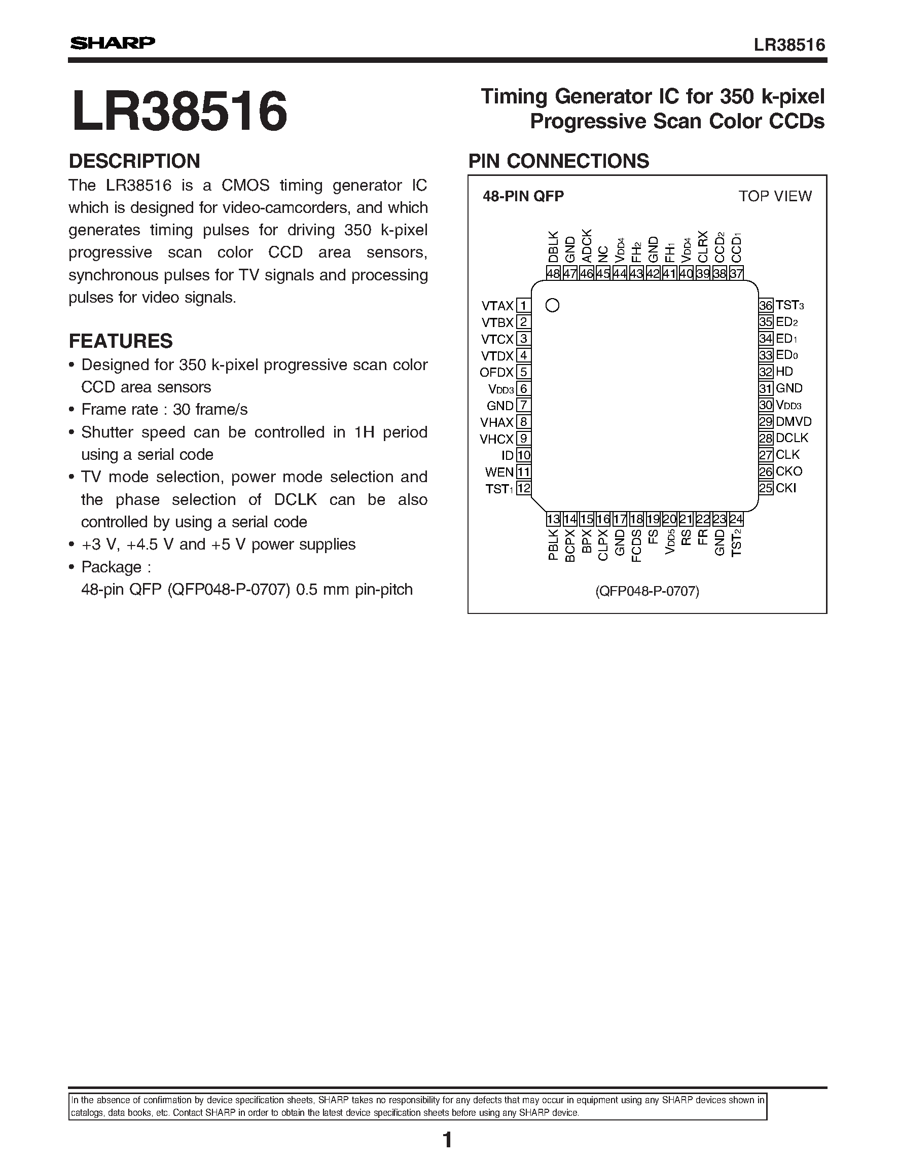 Datasheet LR38516 - Timing Generator IC for 350 k-pixel Progressive Scan Color CCDs page 1