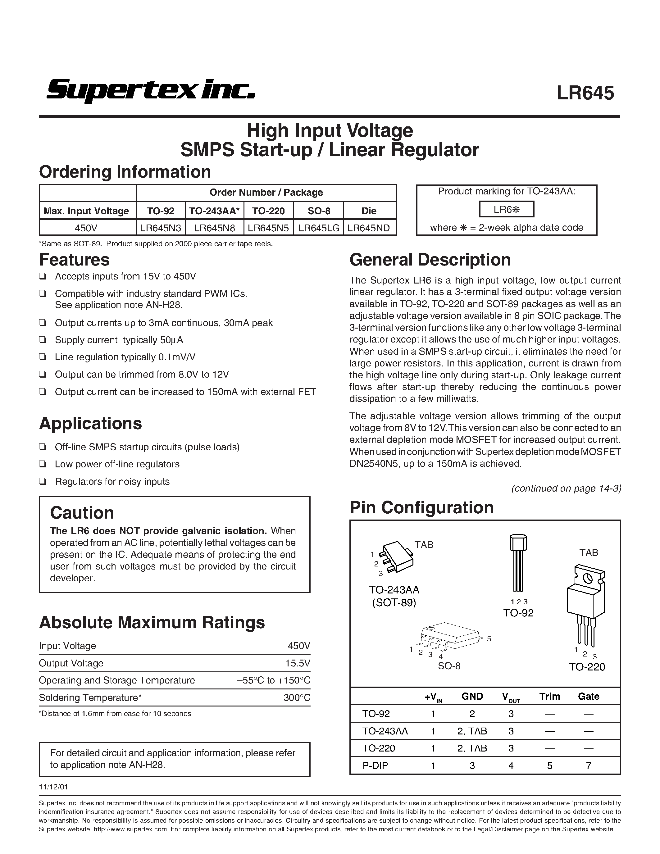 Datasheet LR645 - High Input Voltage SMPS Start-up / Linear Regulator page 1