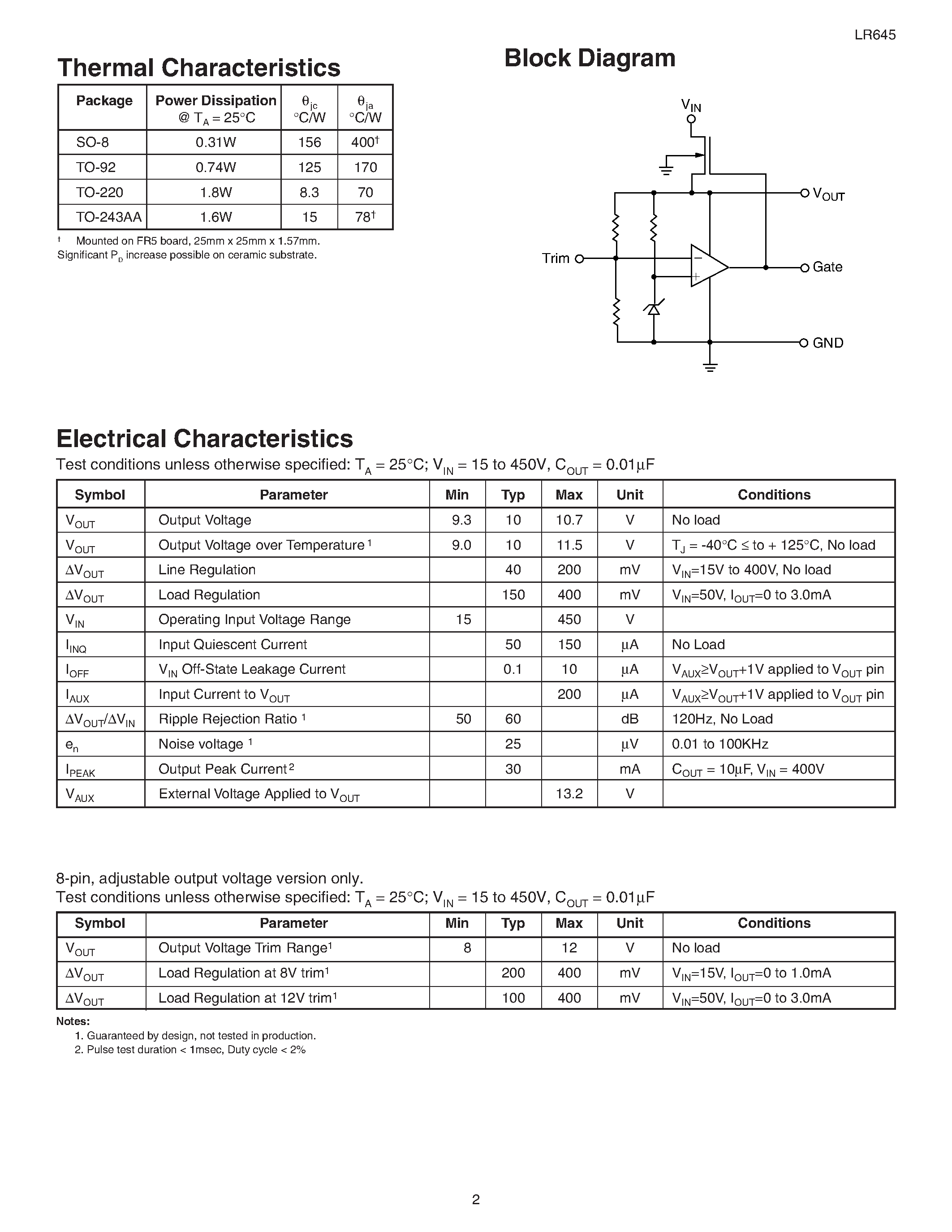 Datasheet LR645LG - High Input Voltage SMPS Start-up / Linear Regulator page 2