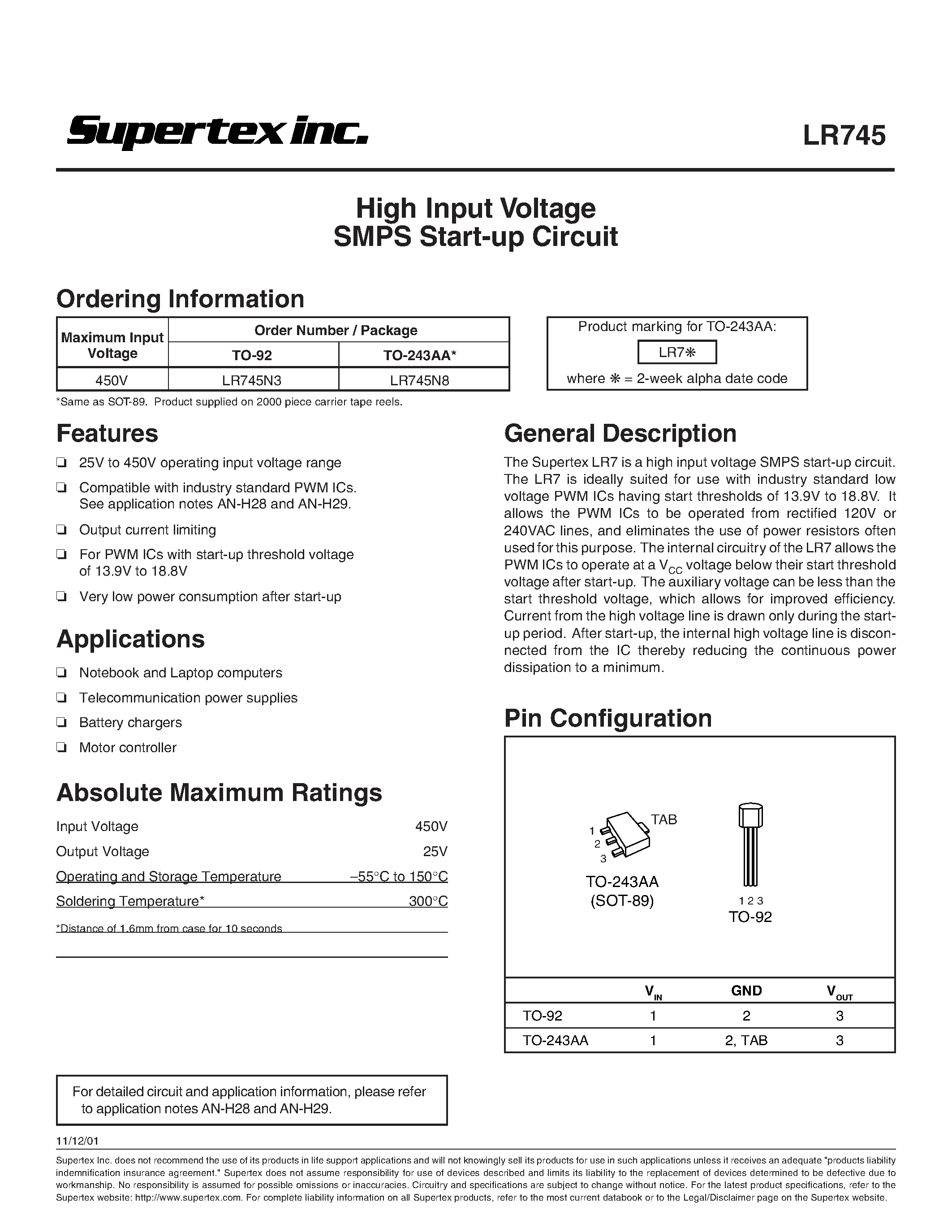 Datasheet LR745 - High Input Voltage SMPS Start-up Circuit page 1