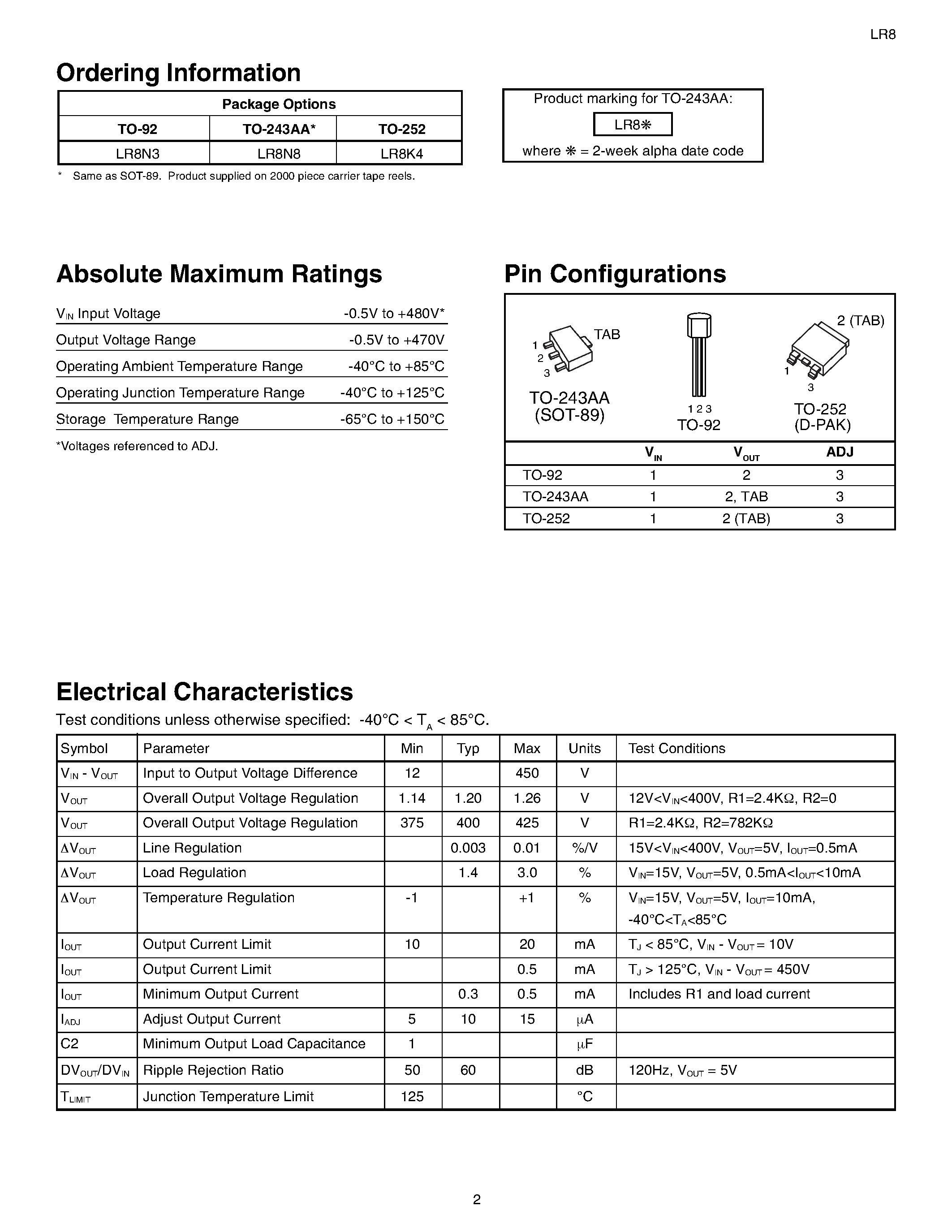 Datasheet LR8 - High Input Voltage Adjustable 3-Terminal Linear Regulator page 2