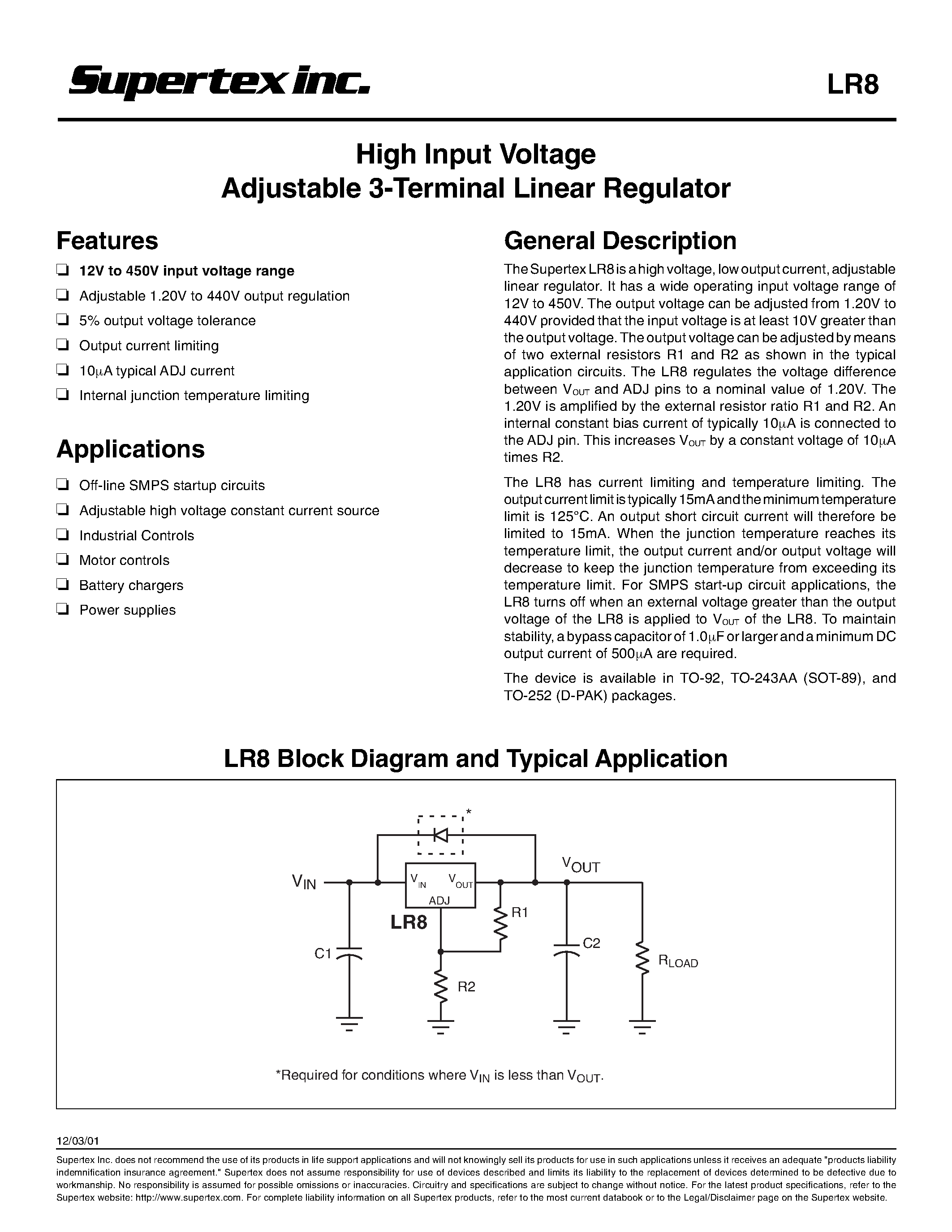 Datasheet LR8K4 - High Input Voltage Adjustable 3-Terminal Linear Regulator page 1