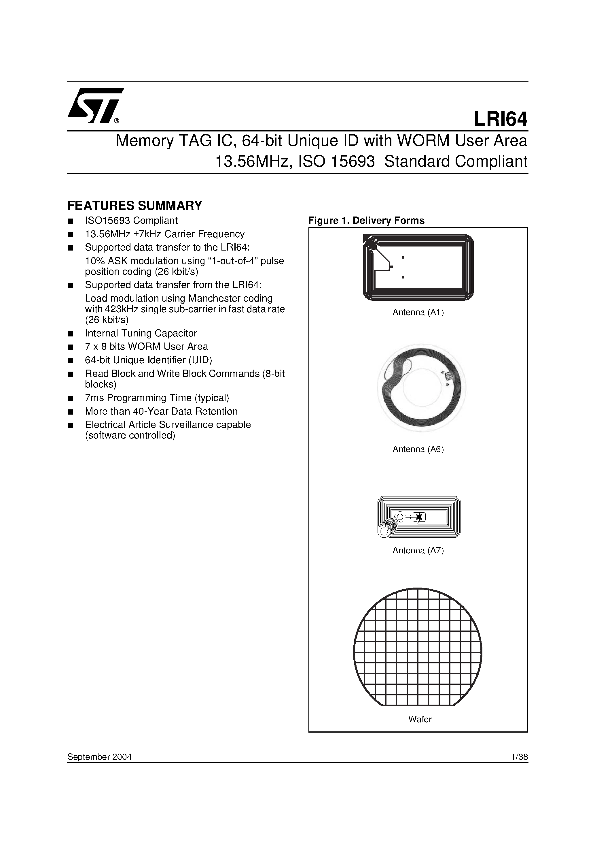 Даташит на микросхему LRI64 страница 1 Даташит LRI64 - Memory TAG IC / 64-bit Unique ID with WORM User Area 13.56MHz / ISO 15693 Standard Compliant страница 1