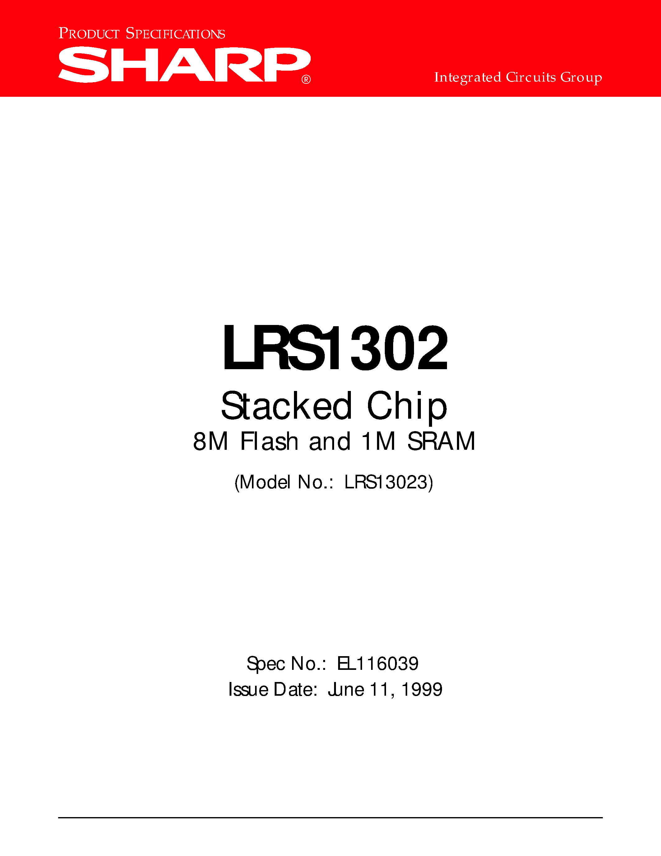 Даташит на микросхему LRS1302 страница 1 Даташит LRS1302 - Stacked Chip 8M Flash and 1M SRAM страница 1