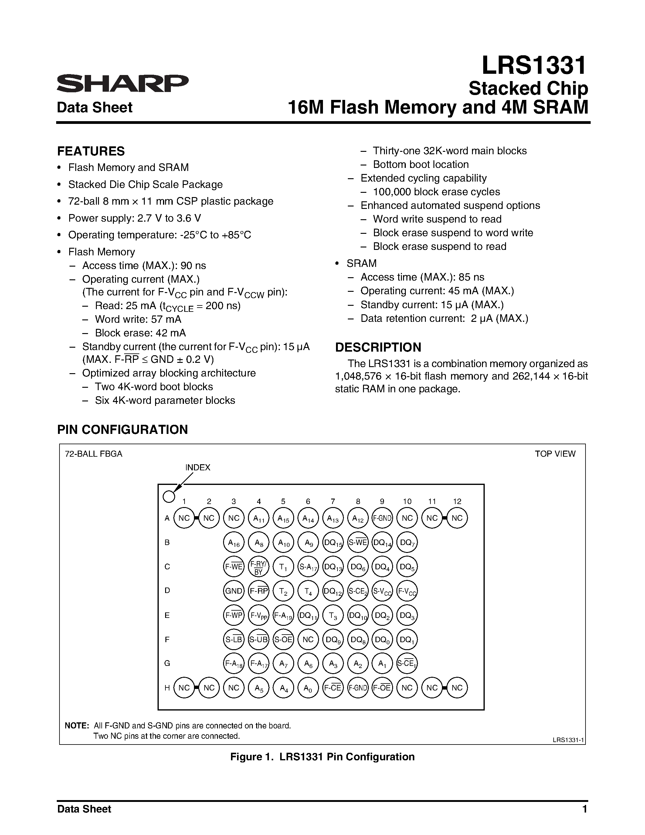Даташит LRS1331 - Stacked Chip 16M Flash Memory and 4M SRAM страница 1