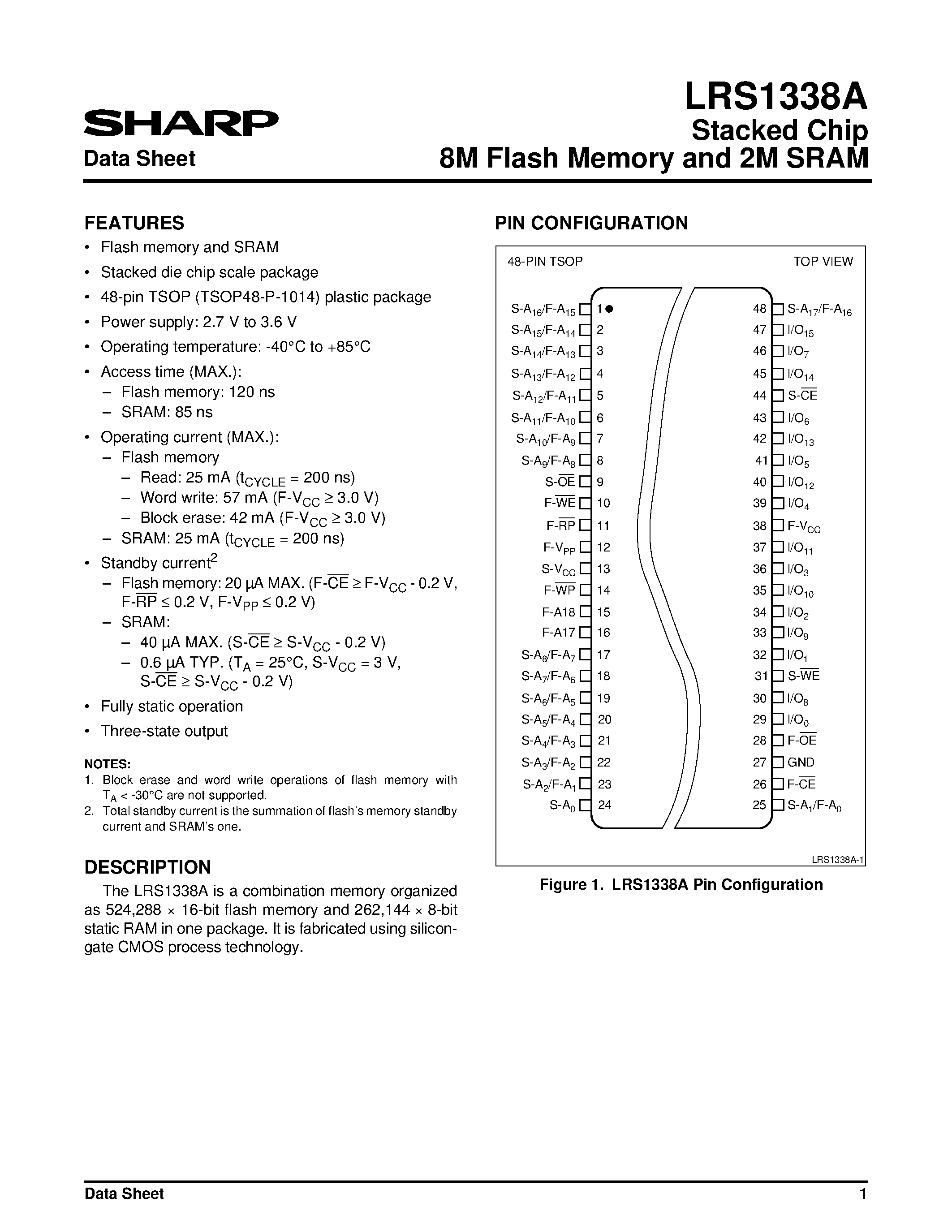 Даташит на микросхему LRS1338A страница 1 Даташит LRS1338A - Stacked Chip 8M Flash Memory and 2M SRAM страница 1