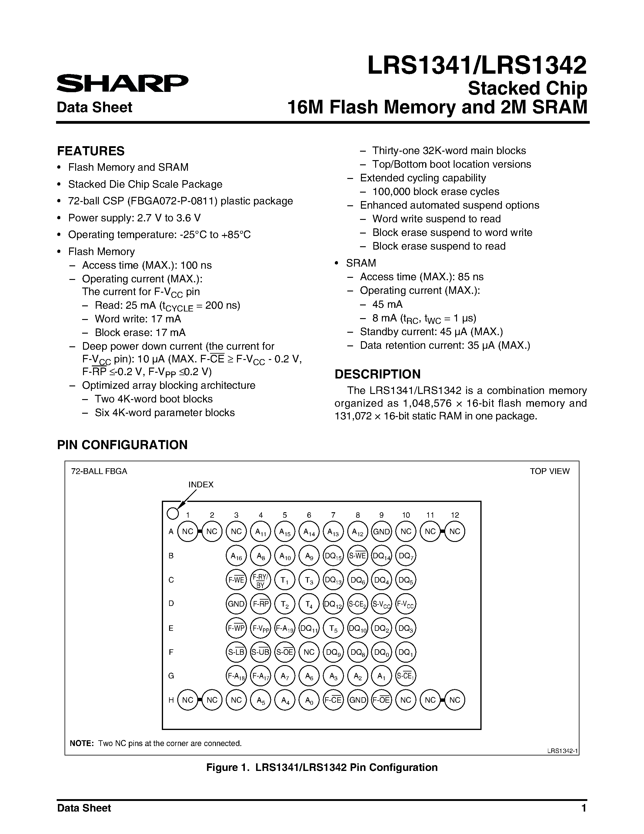 Даташит на микросхему LRS1342 страница 1 Даташит LRS1342 - Stacked Chip 16M Flash Memory and 2M SRAM страница 1